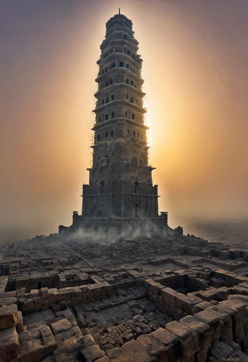 The Tower of Babylon, half-destroyed, dark, gloomy, emerging from the ruins of the ancient Middle East; around it are hundreds of s; the ruins of the tower are clouded by a semi-thick fog in the middle of the sunset; it has a gloomy appearance; a masterpiece; the faint rays of the moon illuminate some portions of the tower