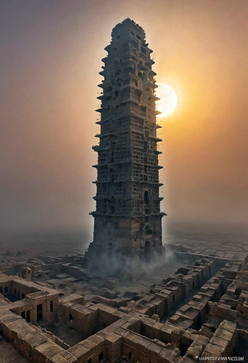 The Tower of Babylon, half-destroyed, dark, gloomy, emerging from the ruins of the ancient Middle East; around it are hundreds of s; the ruins of the tower are clouded by a semi-thick fog in the middle of the sunset; it has a gloomy appearance; a masterpiece; the faint rays of the moon illuminate some portions of the tower