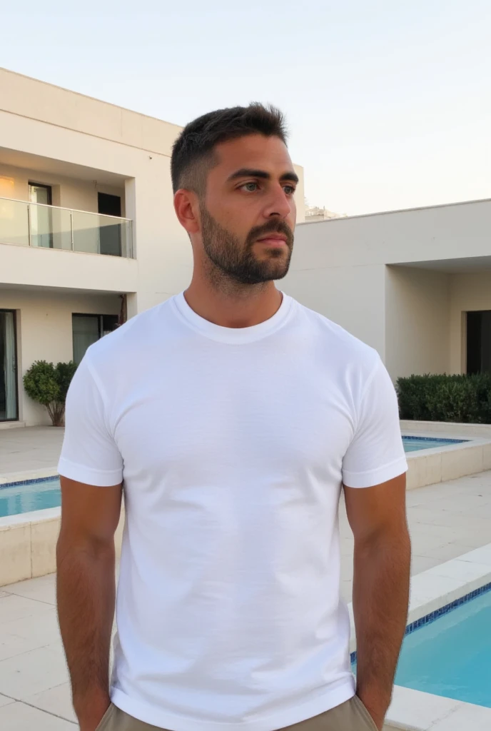 A poised man stands in the foreground of a bright, open outdoor environment, with the background revealing a subtle interplay of sleek, modern structures and natural light. The oversized white t-shirt enhances his sharp silhouette, while his casual stance and thoughtful expression convey a sense of strength and calm. The softly blurred background hints at open spaces and reflective surfaces, adding depth and context to the scene. Warm sunlight enhances the natural tones of his skin and hair, creating a balance between strength and serenity."

