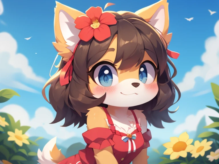 Furry girl cute dog messy hairstyle flower hair 