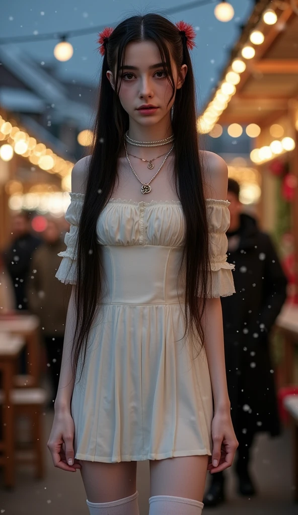 a cinematic full body pictrue of a Russian slim skinny teen girl holding an white AR-15 assult rifle, with white vampire color of skin with two Black pony tails long hair to the ground, heavy pastelle Make up with long eye lashes and pink rouge, with a necklace with the text "Love Santa" written on it. (Dressed as santa claus in a skin tight school girl with chrismast dress), super long skinny legs with white over the knee stockings, snow in the air evenning at the christmas market, christmas theme background with christmas tree,Fullbody shot showing legs and feet,