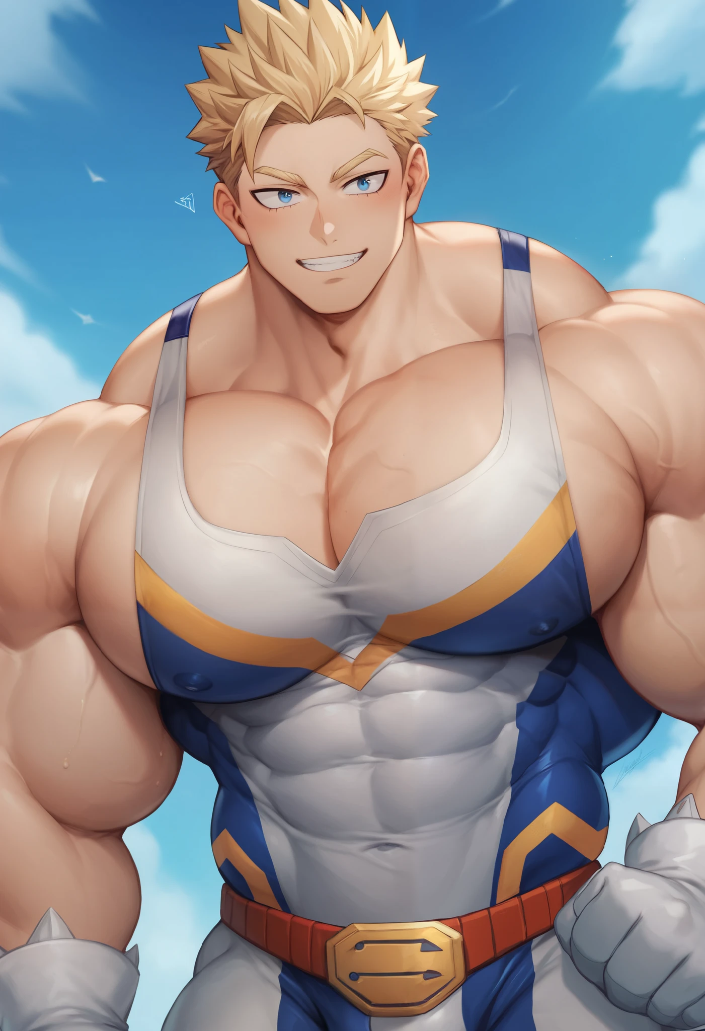 Close up profile portrait of a jacked teenage boy. My hero academia. Boy with styled blonde/brown hair and sexy blue eyes. He has a bad attitude and looks a bit annoyed. Massive upper body with big chest. Hulking upper body with wide shoulders, very big boy. Young boy. Huge beefy pecs, like tits. Plump round pectorals, full and thick massive pecs. Massive teen juggernaut with giant arms, wide shoulders. Thick biceps and triceps. Low angle, from below. Wearing tight super hero clothes with tight belts restraining his muscles. Steel plated, thick gloves. He is facing toward the side. Side of pecs and arms, facing the side.