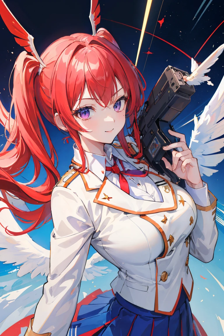 (masterpiece, Highest quality:1.2), highest quality, masterpiece, high resolution, Anime style, female, 1 girl, portraiture, vermilion hair, light red hair, twin tail, purple eyes, ((blue check skirt, blue bottoms, uniform, cream blazer, white shirt, red tie)), competitive, bullish smile, big breasts, (mechanical wing, gagdet resemble wings, thrusters), having futuristic lifle, futuristic gun