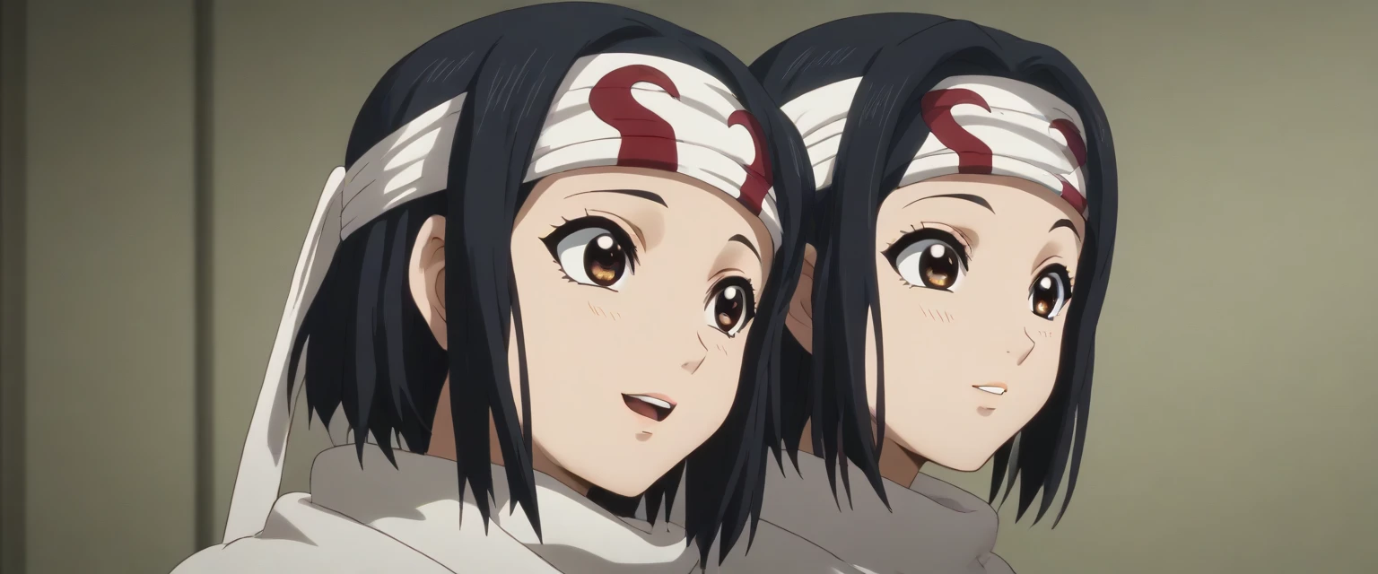 (((black hair brown eyes  bob cut medium hair))) ((very happy excited ))  (((((masterpiece))))), super detail, high details, high quality, best quality, highres, 1080P, 8k, 16k  very accurate clothing score_9, score_8_up, score_7_up, ((cowl)) ((headband on forehead)) detailed clothing beautiful girl (((Nakano, Azusa)))