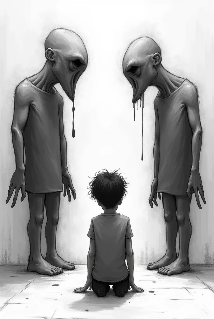 Black and white drawing of a crowd of kids in a corner of darkness where they can't get out, it's like a prison and on the other side a light that illuminates them