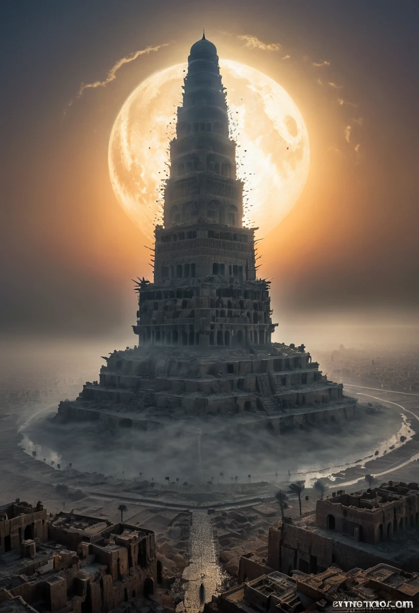 The Tower of Babylon, half-destroyed, dark, gloomy, emerging from the ruins of the ancient Middle East; around it are hundreds of s; the ruins of the tower are clouded by a semi-thick fog in the middle of the sunset; it has a gloomy appearance; a masterpiece; the faint rays of the moon illuminate some portions of the tower