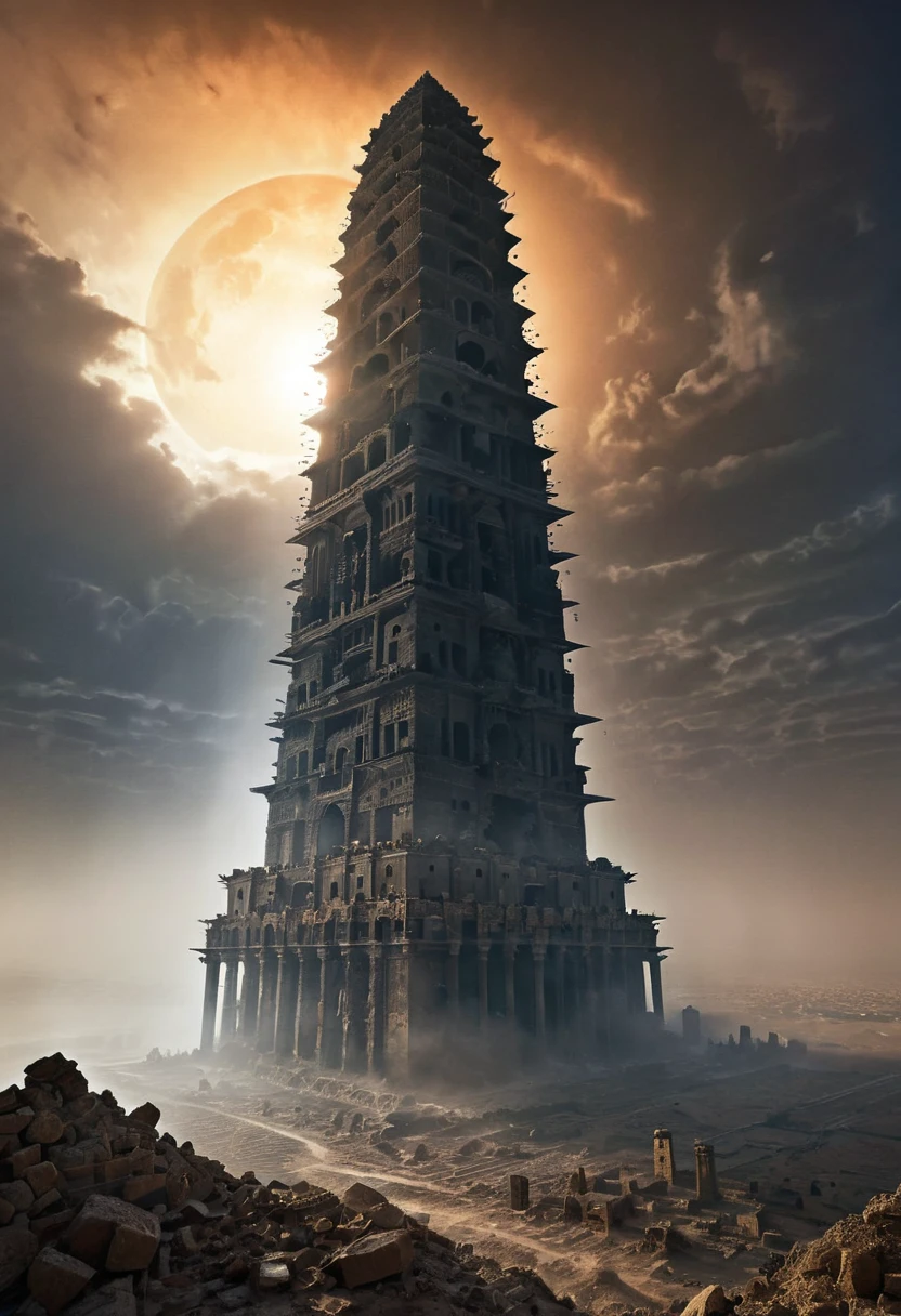 The Tower of Babylon, half-destroyed, dark, gloomy, emerging from the ruins of the ancient Middle East; around it are hundreds of s; the ruins of the tower are clouded by a semi-thick fog in the middle of the sunset; it has a gloomy appearance; a masterpiece; the faint rays of the moon illuminate some portions of the tower