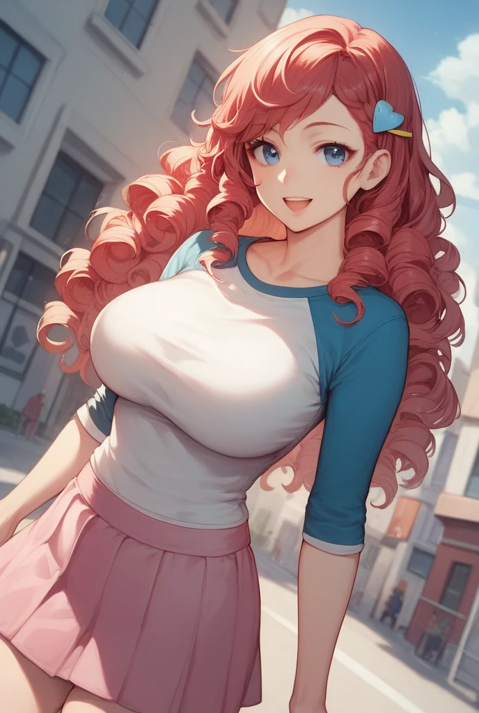 1girl, Solo, Long Hair, Looking at viewer, High Resolution, Open Mouth, Blue eyes, Red Hair, Side Braid, Curly Hair, Breasts, Large breasts, Smile, Cowboy Shot, Dutch Angle, Hair Ornament, Anime, Anime Style, white t shirt, collarbone, yellow long sleeves, raglan sleeves, pink skirt, city day, outdoors