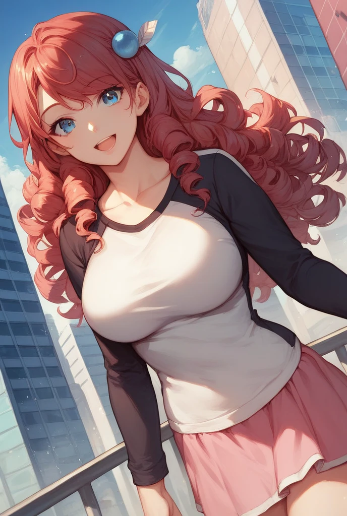 1girl, Solo, Long Hair, Looking at viewer, High Resolution, Open Mouth, Blue eyes, Red Hair, Side Braid, Curly Hair, Breasts, Large breasts, Smile, Cowboy Shot, Dutch Angle, Hair Ornament, Anime, Anime Style, white t shirt, collarbone, yellow long sleeves, raglan sleeves, pink skirt, city day, outdoors