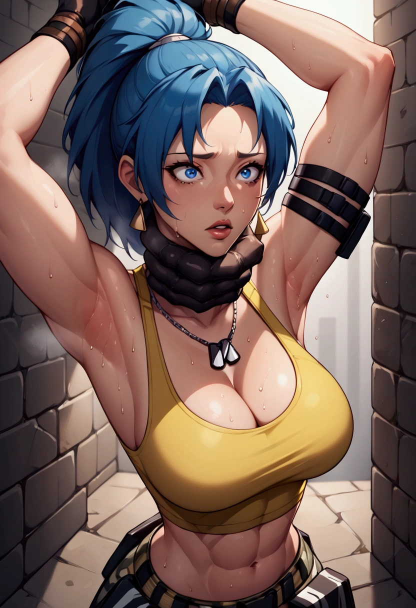 PonyLeona, dark yellow tank top, midriff, cleavage, camouflage pants, triangle earrings, black gloves, looking at armpit, parted lips, blue hair, blue eyes, ponytail, dog tags, military background, armpit open up, hands tied, muscular, sweaty, shoulder bracelet, tied to the wall, stick on the wall, looking at side, scared facial expression, neck strangled by woman