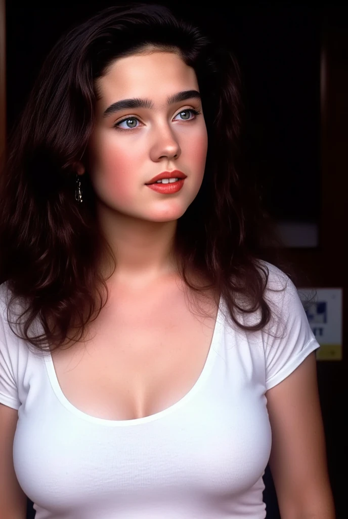 A young and stunningly sexy Jennifer Connelly, captured in a photorealistic still from her iconic role in the 1991 film "Career Opportunities." She is dressed in a pristine white top that hugs her body, emphasizing her voluptuous figure, particularly her large breasts, which are subtly yet alluringly accentuated by the garment's clingy fabric. The lighting in the scene plays with shadows and highlights, giving a natural and tantalizing glow to her skin. Her brunette hair is styled in loose waves that cascade over her shoulders, framing her delicate features. Her eyes are a mesmerizing shade of blue, filled with mischief and seduction as they gaze directly into the camera. The background is softly blurred, focusing the viewer's attention solely on her. The setting appears to be a dimly lit office space with a hint of the 90s aesthetic, adding an element of intrigue and playfulness to the scene. The expression on her face is a perfect balance of innocence and knowing seductiveness, inviting the audience into the film's narrative of a young woman navigating a world of temptation and discovery. The image is a celebration of Connelly's youthful beauty and the captivating screen presence that launched her career, leaving an indelible mark on the minds of moviegoers.
Курносый нос с высокой переносицей и вздернутым кончиком.
Без макияжа.,
Она была идеальной, здоровый, юный, Свежий, Хорошо, гладкий, белая кожа.
Её длинные прямые блестящие чёрные волосы ниспадают ниже плеч.,
Её волосы блестящие.
Её фигура очень зрелая, с великолепной женской фигурой, очень большая грудь и широкие плечи. 
Она имеет очень большие, упругие груди.,
Она находится в светлой комнате, с ярким естественным светом, освещающим её прекрасное лицо.
 высокой четкости , шедевр,  высокое качество, 