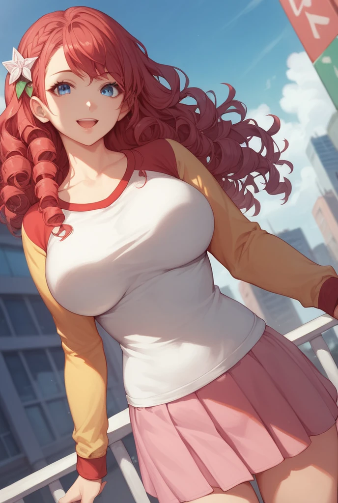 1girl, Solo, Long Hair, Looking at viewer, High Resolution, Open Mouth, Blue eyes, Red Hair, Side Braid, Curly Hair, Breasts, Large breasts, Smile, Cowboy Shot, Dutch Angle, Hair Ornament, Anime, Anime Style, white t shirt, collarbone, yellow long sleeves, raglan sleeves, pink skirt, city day, outdoors