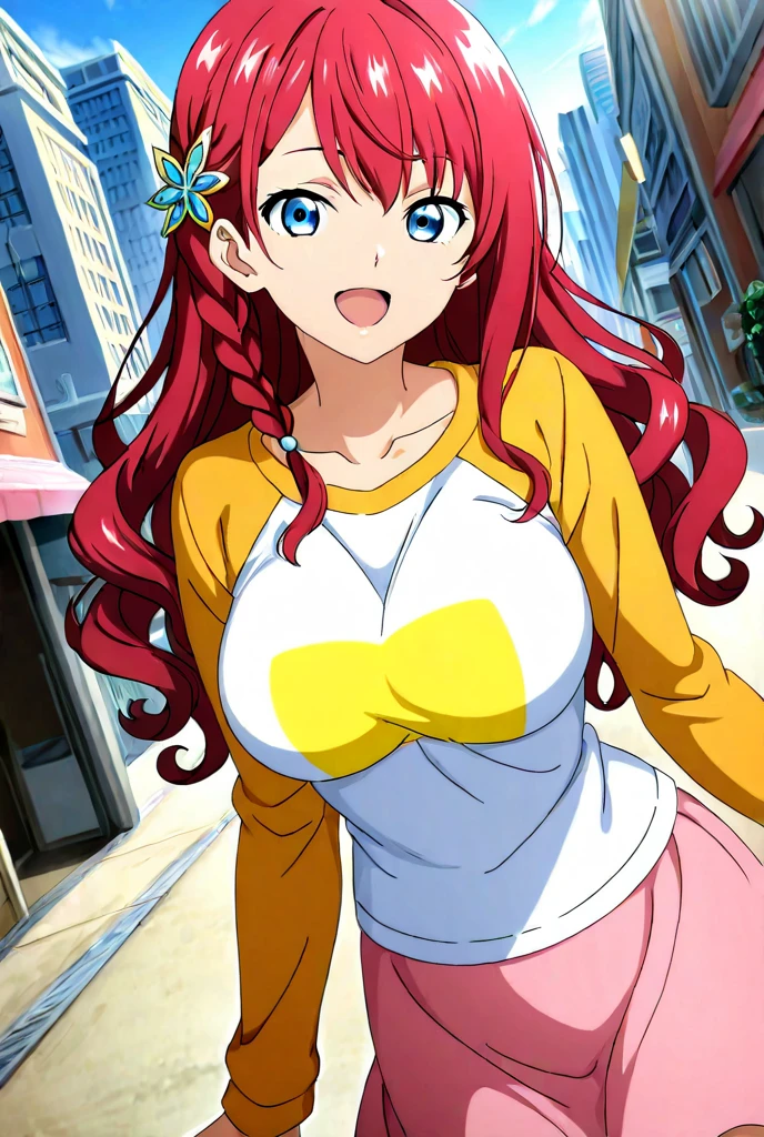 1girl, Solo, Long Hair, Looking at viewer, High Resolution, Open Mouth, Blue eyes, Red Hair, Side Braid, Curly Hair, Breasts, Large breasts, Smile, Cowboy Shot, Dutch Angle, Hair Ornament, Anime, Anime Style, white t shirt, collarbone, yellow long sleeves, raglan sleeves, pink skirt, city day, outdoors