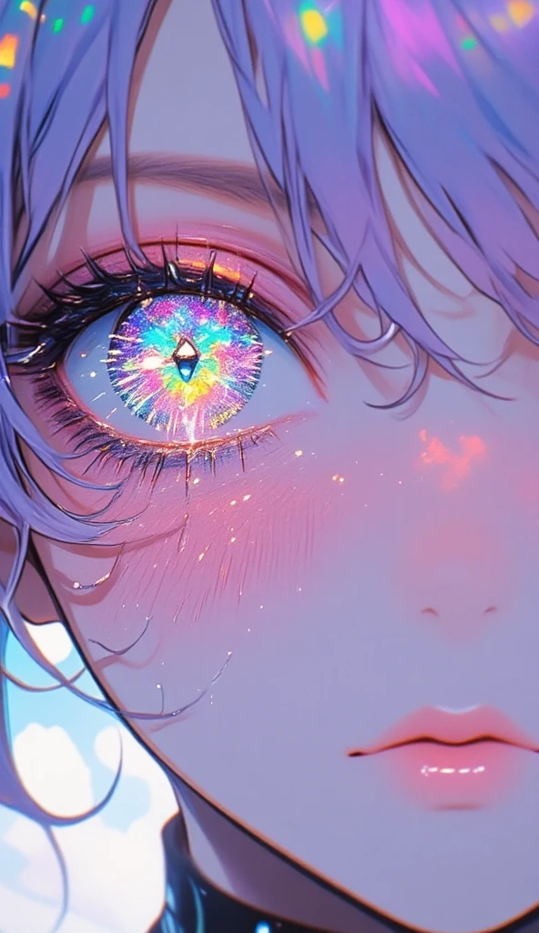 A close-up of a young Japanese woman's face, showcasing her delicate and harmonious features. Her skin is pale with a subtle pearlescent glow, giving an ethereal appearance. The eyes are the most striking feature, large and almond-shaped with long, defined lashes. The irises display a shimmering rainbow effect, glowing softly with a magical aura. A small, distinct black triangle is centered in each retina, adding a surreal and otherworldly touch. Her lilac pastel hair is silky and partially loose, framing her face and gently falling over her eyes. Some strands float in the air, as if caught mid-motion while she turns her gaze. The background is softly blurred, emphasizing her face and the intricate details of her eyes. Photorealistic lighting, high detail, and sharp focus on facial features, with vibrant yet balanced colors.
(anime style 32K, HDR, UHD, intricate detail, extremely intricate detail, hyperrealistic, extremely realistic, high quality, vivid color, extremely detailed).