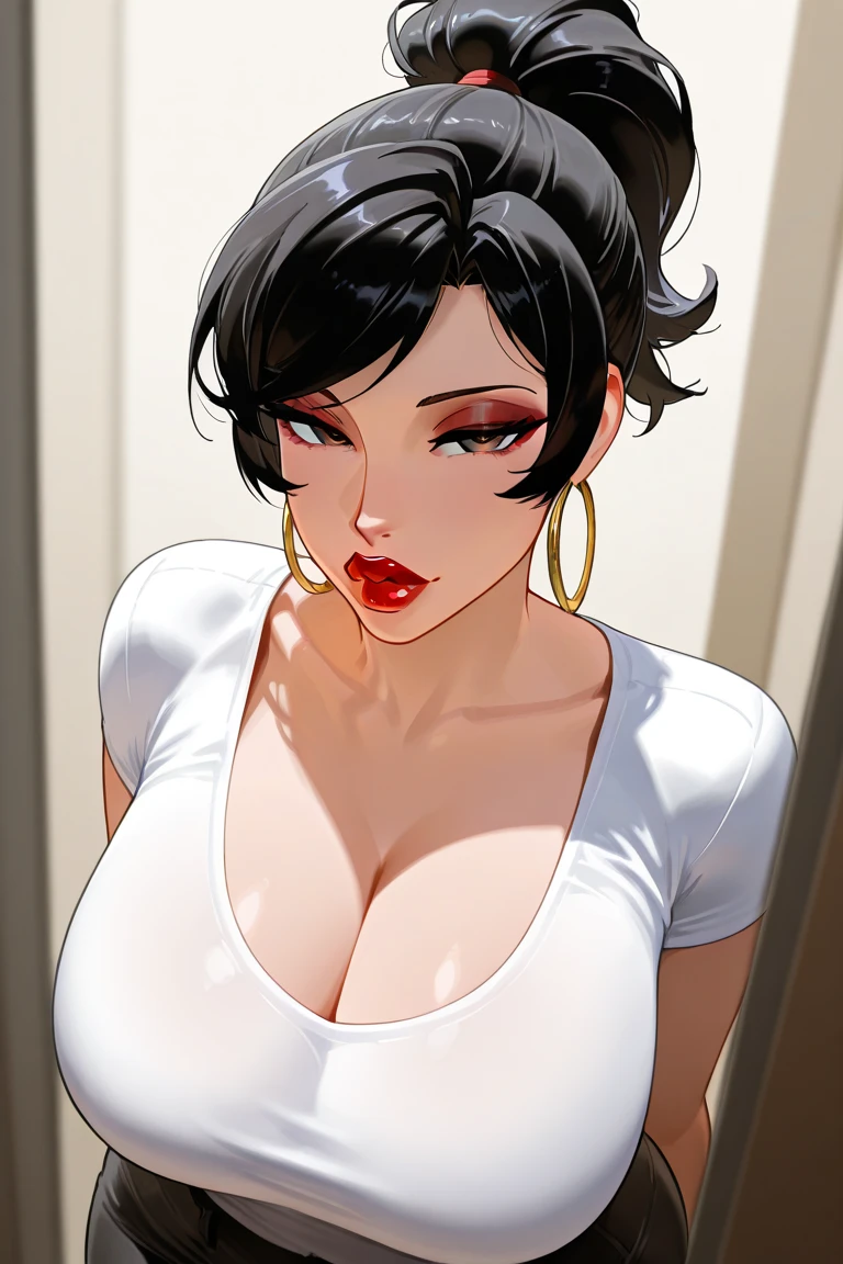 mature woman with big breasts, short white t-shirt wigh cleavage, short tight jean, ponytail hairstyle, black hair, hoop earrings, long eyelayes, big lips, red lipstick, violet eyeshadow, seductive look