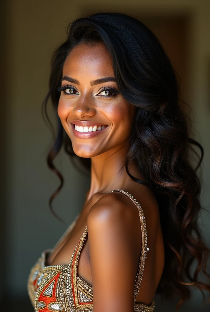 professionnel, (Photo 4k:1.1) par (Jeremy Lipking:0.3), (Dittmann Anna:0.3), (jiner:0.3), (mise au point nette:1.3), High detail, Porter (low-cut shirt:1.2), beautifull detailed face, yeux noisette, longs cheveux noirs, (attractive young woman:1.3), (Seductive:1.1), (rougissant:1.1), Forme du corps du sablier, gros seins ronds, hanches larges, Femme en robe noire , Black Goddess, tight attire, tight attire, smiling seductively, joli visage, fille parfaite aux cheveux blancs, pose satisfaite, Cute seductive smile, belle fille africaine, bonne jeune fille, very sexy pose, Bel angle, pose attrayante, fille mignonne, sexy pose, Un magnifique Africain, Image du corps entier, Very realistic whole body latina