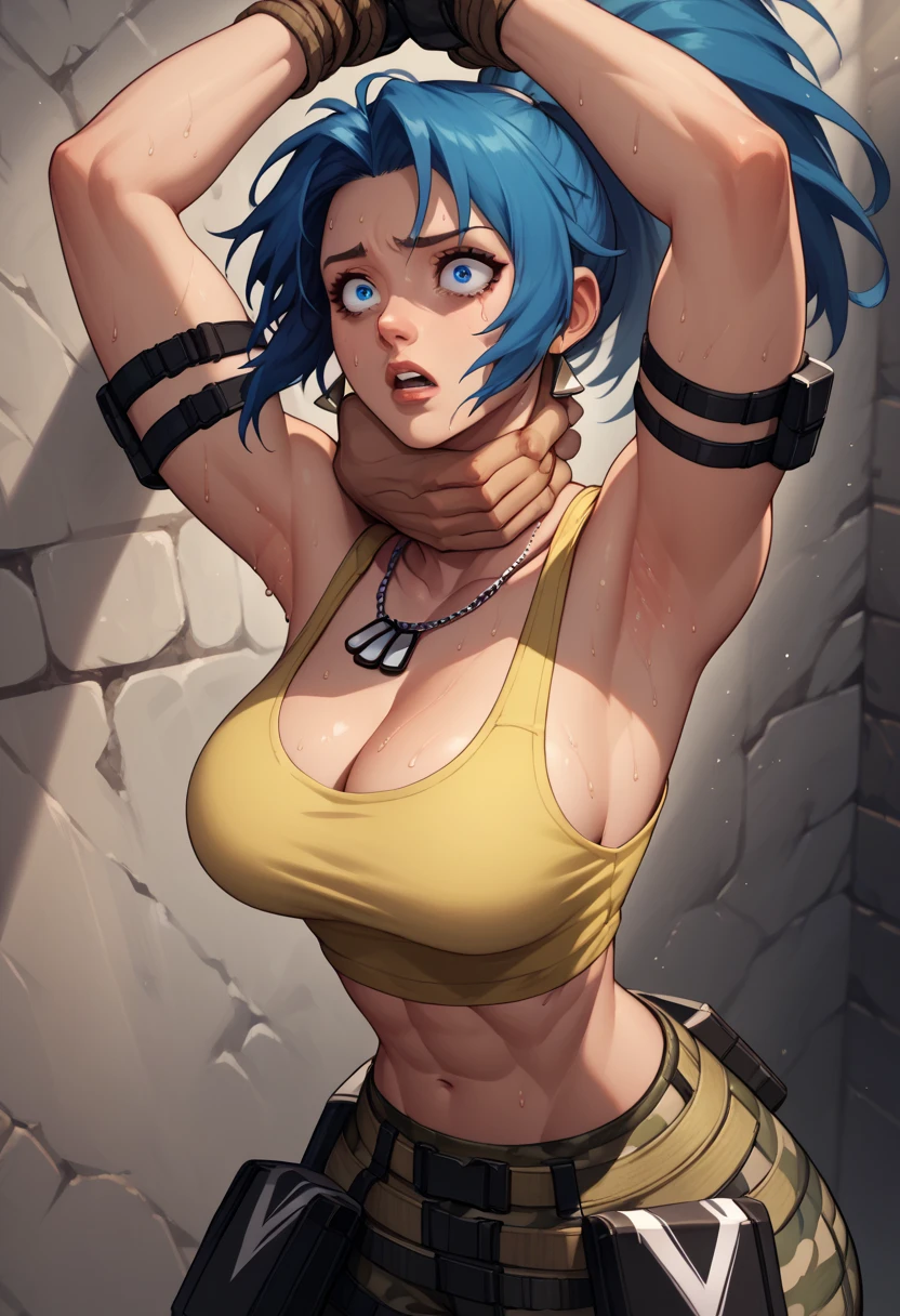 PonyLeona, dark yellow tank top, midriff, cleavage, camouflage pants, triangle earrings, black gloves, looking at armpit, parted lips, blue hair, blue eyes, ponytail, dog tags, military background, armpit open up, hands tied, muscular, sweaty, shoulder bracelet, tied to the wall, stick on the wall, looking at side, scared facial expression, neck strangled 