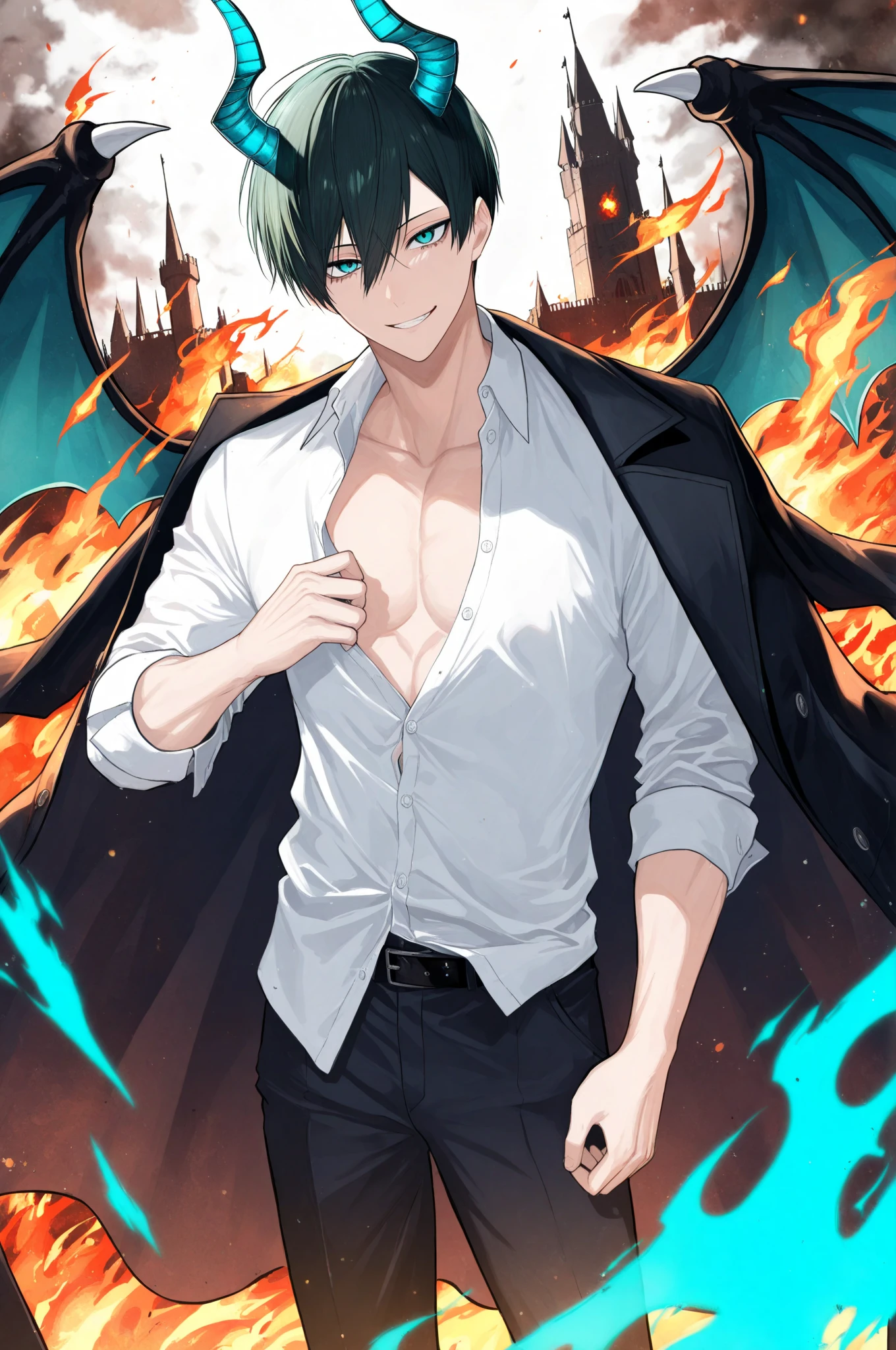 (masterpiece), ((sfw)), best quality, expressive eyes, perfect face, mature male, (1boy, adult Man, young adult, young man), solo, red hair BREAK bob cut, green eyes BREAK demon boy, horns and wings, topless male, black pants BREAK (hell), dark clouds, dark sky, (fire scenery), standing, glaring, grin, looking at viewer, (tanned male)