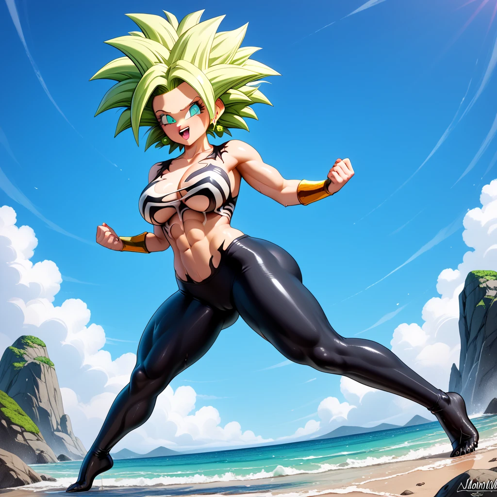 (Black line work )),  detailed line work ,  slender abs, (( Masterpiece)), ((Golden ratio)), ((dynamic)), ((natural)) (( The Best Quality )), (( ultra detailed )), ((kefla dragon ball super)), {1 woman}, {neon white hair }, { super saiyan style}, { Dragon Ball Super character style}, ojos azules, green earrings {{sexy}},  big breasts , Big legs,  huge ass , {{ Perfect anatomy }},  Extremely beautiful, Very nice face done ,  Black Spider-Man Venom costume， There is white on the chest ), merged with Venom,  symbiote is all over his body and face, In the background of shattered city . Venom is next to her