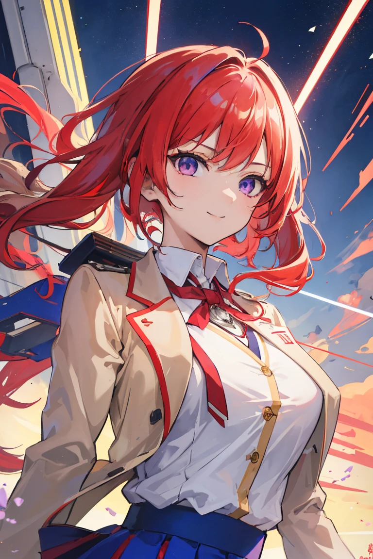 (masterpiece, Highest quality:1.2), highest quality, masterpiece, high resolution, Anime style, female, 1 girl, portraiture, vermilion hair, light red hair, twin tail, purple eyes, ((blue check skirt, blue bottoms, uniform, beige blazer, white shirt, red tie)), competitive, bullish smile, big breasts, (mechanical wing, mecha resemble wings, thrusters), having futuristic lifle, futuristic gun, laser lifle