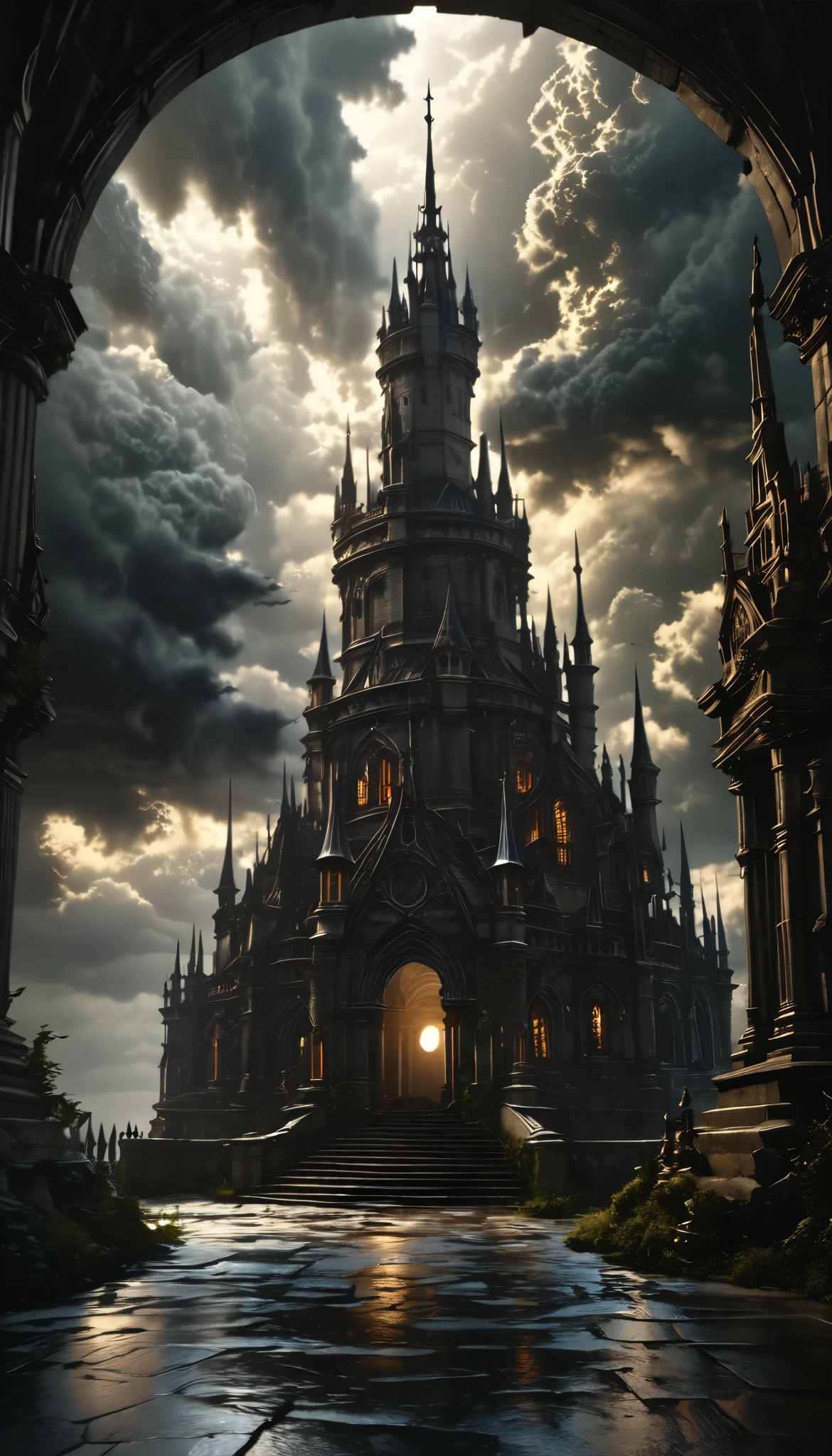 a dark and mysterious tower, dark fantasy, gothic architecture, high detailed, cinematic lighting, dramatic clouds, surreal atmosphere, moody colors, dramatic shadows, epic scale, intricate details, dark and ominous, gloomy and atmospheric, (best quality,8k,highres,masterpiece:1.2),ultra-detailed,(realistic,photorealistic,photo-realistic:1.37),cinematic composition,dramatic lighting,dark and moody,gothic style,fantasy concept art