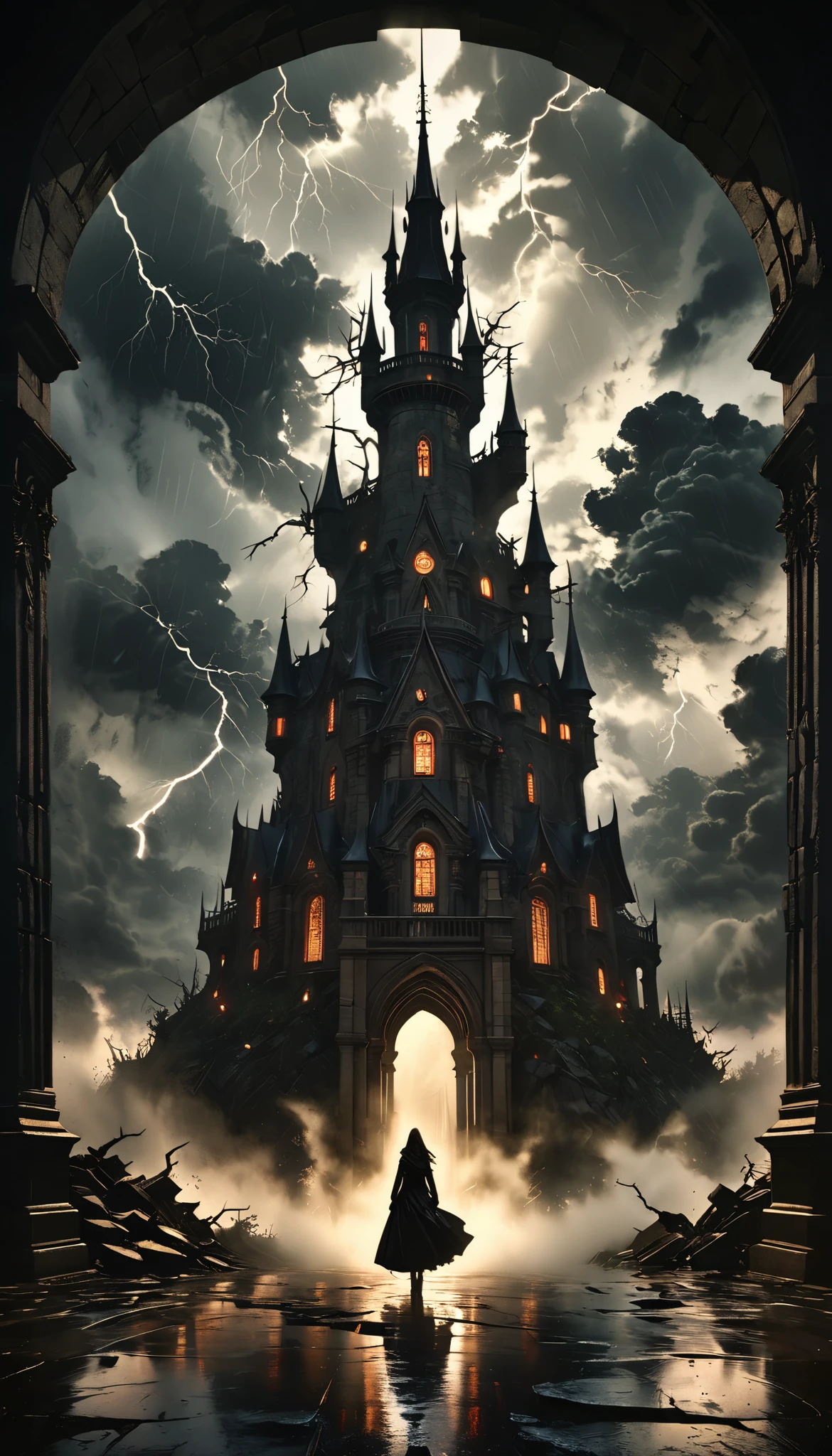 a dark and mysterious tower, dark fantasy, gothic architecture, high detailed, cinematic lighting, dramatic clouds, surreal atmosphere, moody colors, dramatic shadows, epic scale, intricate details, dark and ominous, gloomy and atmospheric, (best quality,8k,highres,masterpiece:1.2),ultra-detailed,(realistic,photorealistic,photo-realistic:1.37),cinematic composition,dramatic lighting,dark and moody,gothic style,fantasy concept art