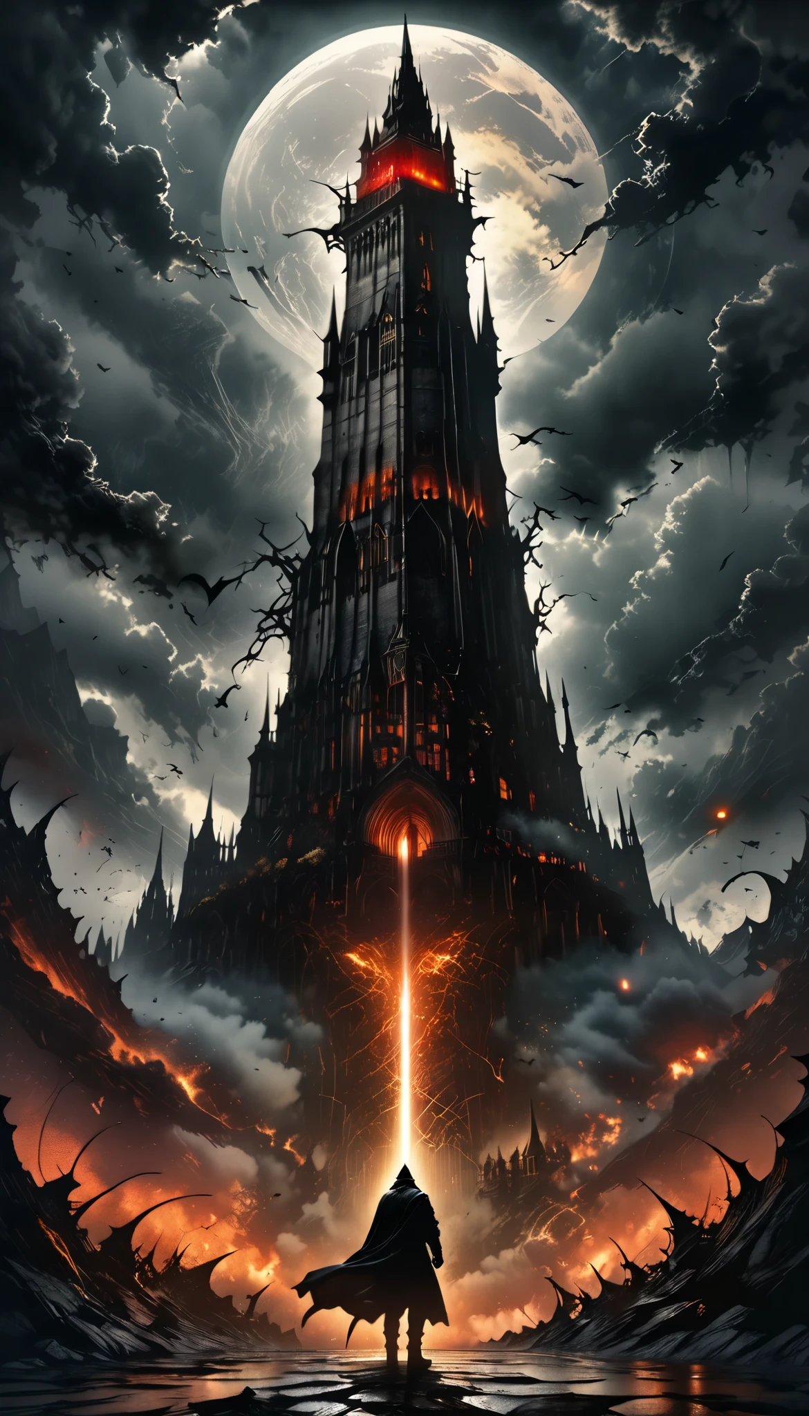 a dark and mysterious tower, dark fantasy, gothic architecture, high detailed, cinematic lighting, dramatic clouds, surreal atmosphere, moody colors, dramatic shadows, epic scale, intricate details, dark and ominous, gloomy and atmospheric, (best quality,8k,highres,masterpiece:1.2),ultra-detailed,(realistic,photorealistic,photo-realistic:1.37),cinematic composition,dramatic lighting,dark and moody,gothic style,fantasy concept art