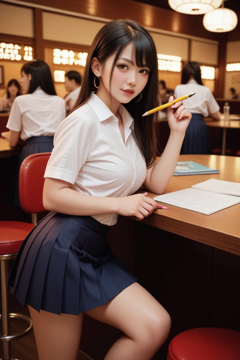  japanese women, art club, indoors, pleated skirt, holding pencil