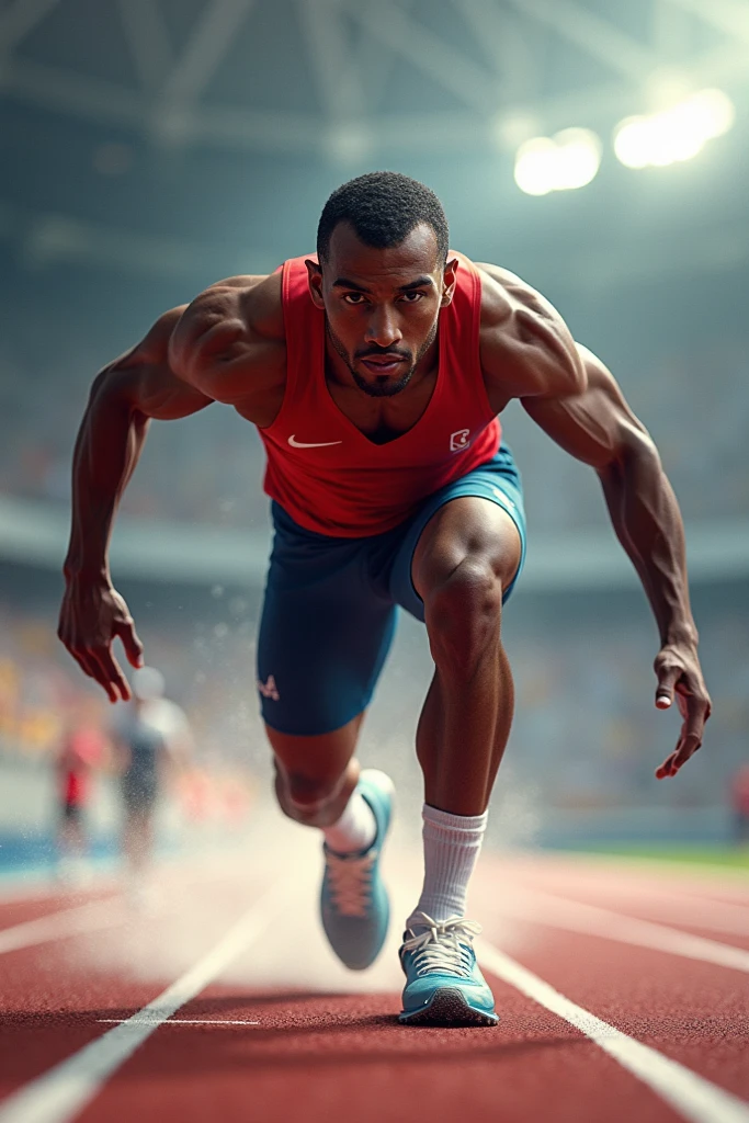 melhor qualidade, ultra-detalhado, realista, Athletic man, corpo muscular forte, toned arms and abs, Physical aptitude, healthy and well built, Aesthetic physique, Athletic Runner, perfect proportions, suor brilhando em seu corpo, defined muscles, rippling muscles, peito ondulante, many arms, pernas magras e musculosas, postura confiante, olhar intenso, determined expression, foco intenso, atleta de alto rendimento, traje esportivo, running shorts and sports shoes, Stamina and endurance, sports drink in hand, pista de atletismo ao fundo, dynamic and energetic pose, lengthened and toned muscles, training session, estilo de vida ativo, atleta de corrida, Velocidade e Agilidade, focused breathing, evento esportivo colorido, Competitive spirit, corrida emocionante, cheering crowd, Victory celebration, energia e vitalidade infinitas, atleta profissional, physical and strength training