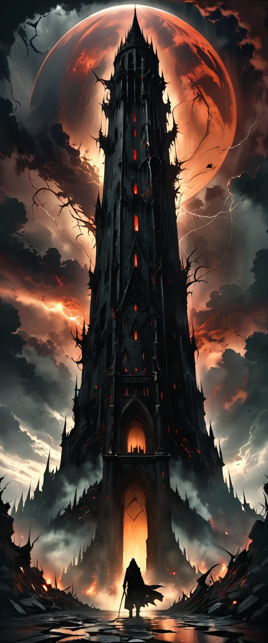 a dark and mysterious tower, dark fantasy, gothic architecture, high detailed, cinematic lighting, dramatic clouds, surreal atmosphere, moody colors, dramatic shadows, epic scale, intricate details, dark and ominous, gloomy and atmospheric, (best quality,8k,highres,masterpiece:1.2),ultra-detailed,(realistic,photorealistic,photo-realistic:1.37),cinematic composition,dramatic lighting,dark and moody,gothic style,fantasy concept art