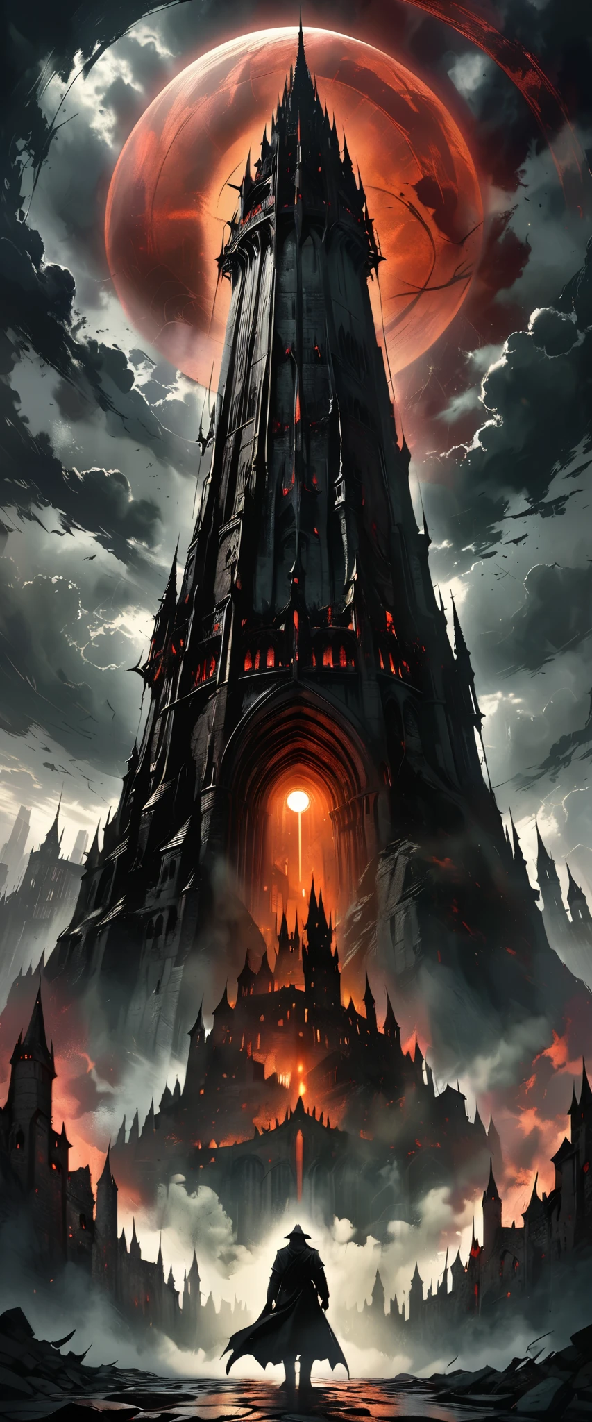 a dark and mysterious tower, dark fantasy, gothic architecture, high detailed, cinematic lighting, dramatic clouds, surreal atmosphere, moody colors, dramatic shadows, epic scale, intricate details, dark and ominous, gloomy and atmospheric, (best quality,8k,highres,masterpiece:1.2),ultra-detailed,(realistic,photorealistic,photo-realistic:1.37),cinematic composition,dramatic lighting,dark and moody,gothic style,fantasy concept art