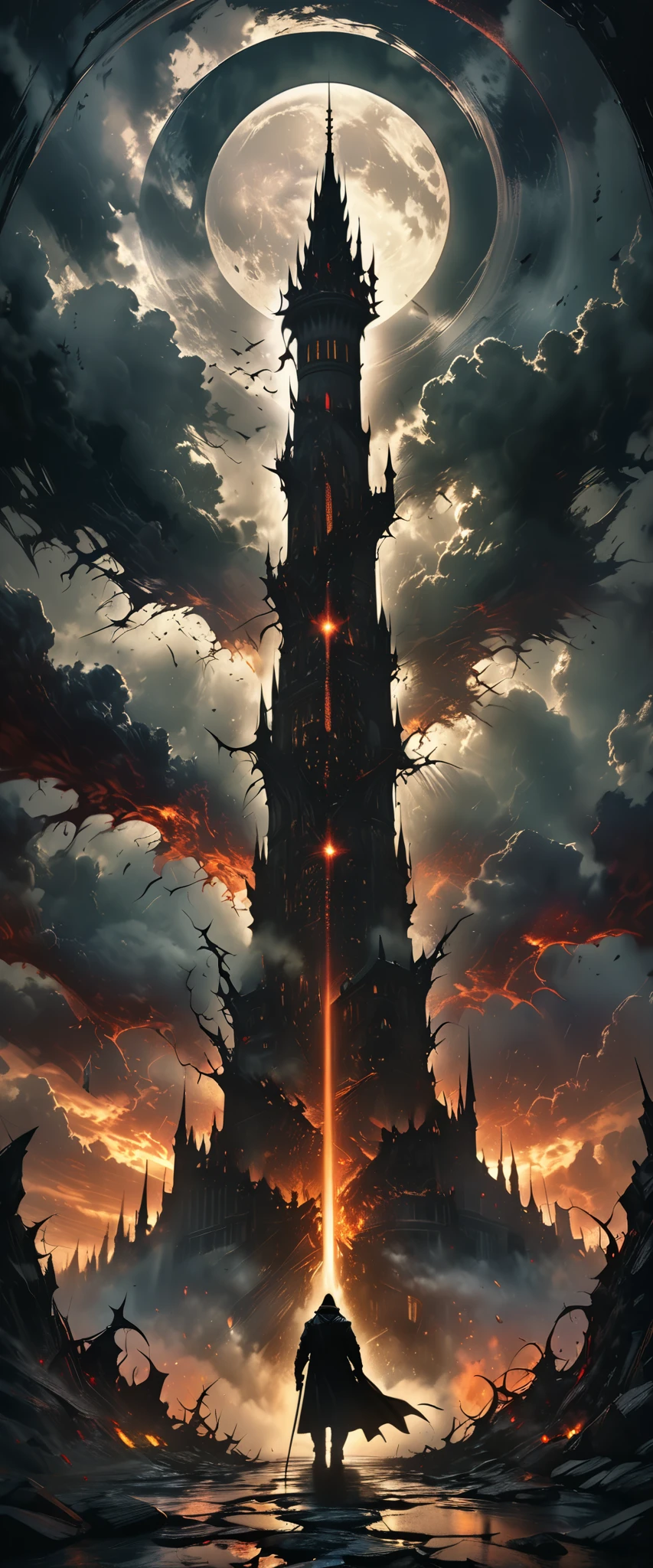 a dark and mysterious tower, dark fantasy, gothic architecture, high detailed, cinematic lighting, dramatic clouds, surreal atmosphere, moody colors, dramatic shadows, epic scale, intricate details, dark and ominous, gloomy and atmospheric, (best quality,8k,highres,masterpiece:1.2),ultra-detailed,(realistic,photorealistic,photo-realistic:1.37),cinematic composition,dramatic lighting,dark and moody,gothic style,fantasy concept art