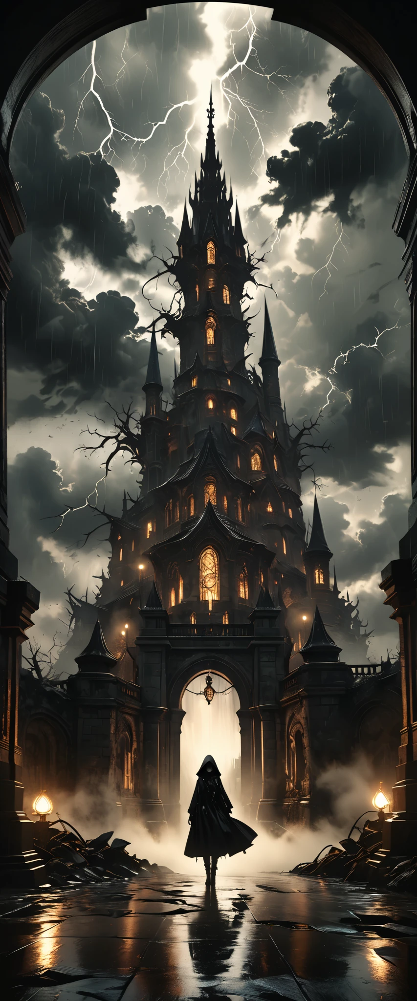 a dark and mysterious tower, dark fantasy, gothic architecture, high detailed, cinematic lighting, dramatic clouds, surreal atmosphere, moody colors, dramatic shadows, epic scale, intricate details, dark and ominous, gloomy and atmospheric, (best quality,8k,highres,masterpiece:1.2),ultra-detailed,(realistic,photorealistic,photo-realistic:1.37),cinematic composition,dramatic lighting,dark and moody,gothic style,fantasy concept art