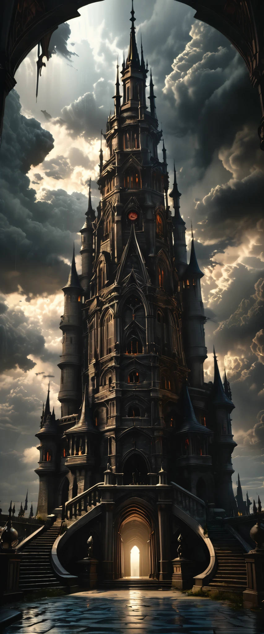 a dark and mysterious tower, dark fantasy, gothic architecture, high detailed, cinematic lighting, dramatic clouds, surreal atmosphere, moody colors, dramatic shadows, epic scale, intricate details, dark and ominous, gloomy and atmospheric, (best quality,8k,highres,masterpiece:1.2),ultra-detailed,(realistic,photorealistic,photo-realistic:1.37),cinematic composition,dramatic lighting,dark and moody,gothic style,fantasy concept art