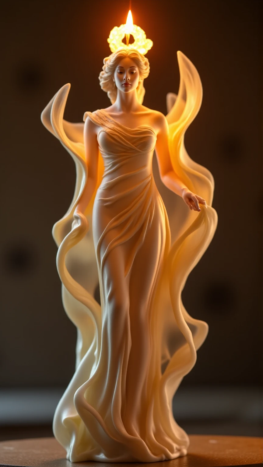 Imagine a single candle, exquisitely sculpted in the enchanting form of a curvaceous figure of a woman. Her silhouette is adorned with flowing curves and intricate folds that evoke the elegance of a gown. The wax possesses a soft, creamy texture, while the flame flickers gently at the crown of her head, resembling a radiant halo.

Delicate drips of melted wax cascade down her form, enhancing the lifelike detail as if she is awakening from a dream. The scene is bathed in her warm, flickering glow, casting playful shadows that dance around her, creating a serene and intimate ambiance. This magical moment captures the essence of beauty and transformation, inviting viewers into a world where art and fantasy intertwine.