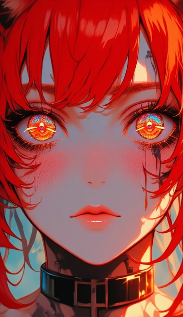 {
  "prompt": "A highly detailed close-up portrait of a young Japanese woman with striking features. Her face is slightly angular with a delicate jawline and high cheekbones, highlighting her unique beauty. She has mesmerizing 'dragon eyes,' with a shimmering, almost iridescent glow and slit-like cat pupils, radiating an otherworldly intensity. Her straight, silky hair is a vibrant red, flowing down smoothly past her shoulders, framing her face perfectly. A small, intricately detailed black tattoo of a cross is placed subtly on her left cheekbone, adding an enigmatic edge to her appearance. Her skin is smooth and pale, with a soft porcelain-like texture. The lighting is warm and natural, casting gentle shadows that enhance the contours of her face. The background is softly blurred, keeping full focus on her striking facial features. Ultra-realistic style, cinematic lighting, with sharp details capturing every strand of hair, the shine in her eyes, and the faint texture of her skin.",
  "size": "1024x1024",
  "n": 1
}
(anime style 32K, HDR, UHD, intricate detail, extremely intricate detail, hyperrealistic, extremely realistic, high quality, vivid color, extremely detailed).