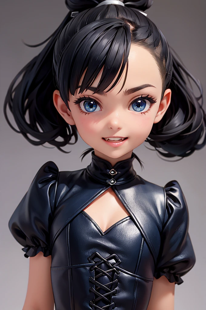 (((Very tiny 8year old Marnie))), (((big lips))), (((thick lips))), dark blue eyes, short hair, black hair, teeth, wide mouth, (((tiny body))), open mouth,ponytail, ((cute smile)), cleavage,