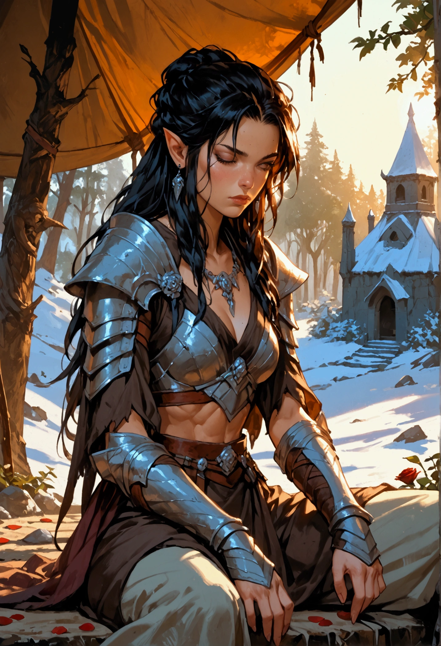 score_9, score_8_up, score_7_up, score_6_up, score_5_up, score_4_up, anime comic illustration fantasy art, 1girl, orc, warrior, female, beautiful orc relaxing in her tent, long black hair rough, wearing armor, epic flowing, fantasy forest background, it is dawn the sun rays reflect on the ice statue, sun rays hit the rose petals, ((high contrast: 1.5), [[anatomically correct]], high details, best quality, 8k, [ultra detailed], masterpiece, best quality, (extremely detailed), dynamic angle, brown robes, sitting sensually in her tent