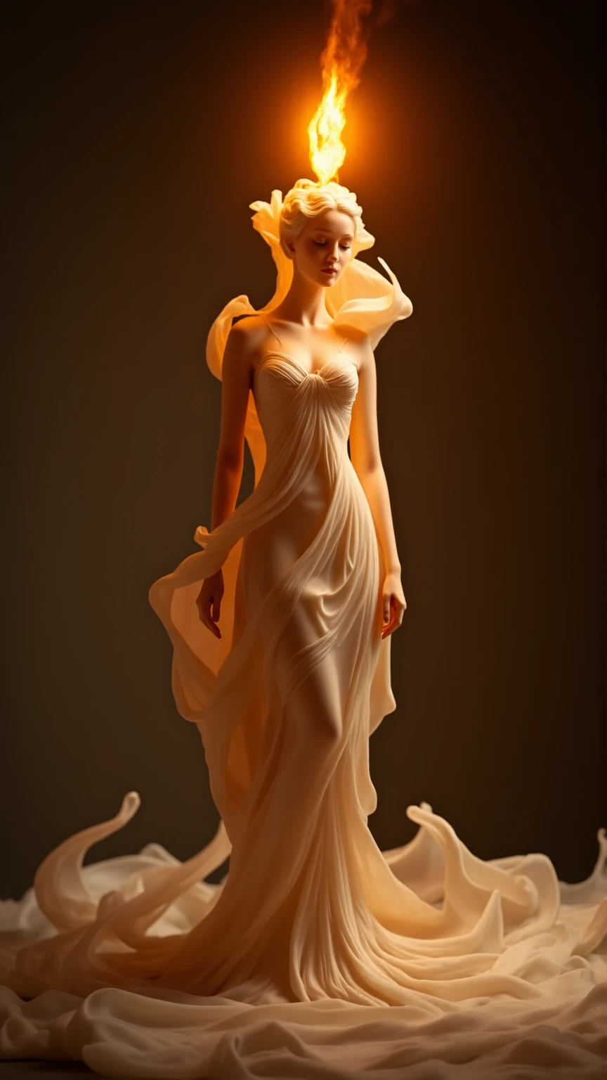 Imagine a single candle, exquisitely sculpted in the enchanting form of a curvaceous figure of a woman. Her silhouette is adorned with flowing curves and intricate folds that evoke the elegance of a gown. The wax possesses a soft, creamy texture, while the flame flickers gently at the crown of her head, resembling a radiant halo.

Delicate drips of melted wax cascade down her form, enhancing the lifelike detail as if she is awakening from a dream. The scene is bathed in her warm, flickering glow, casting playful shadows that dance around her, creating a serene and intimate ambiance. This magical moment captures the essence of beauty and transformation, inviting viewers into a world where art and fantasy intertwine.