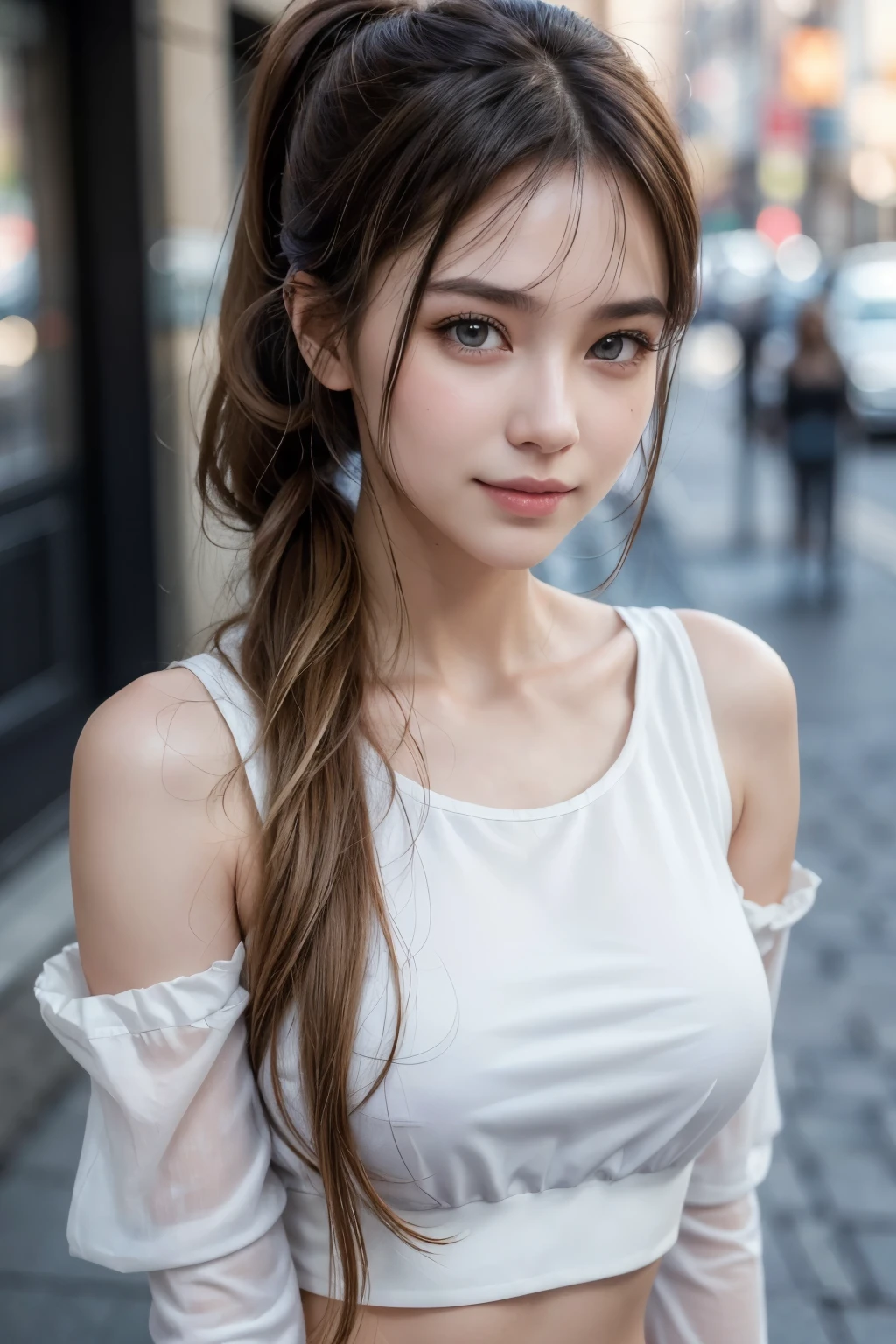 (best quality, 8k,32k,masterpiece, UHD:1.2),extremely detailed CG unity 8k wallpaper,intricate details,Raw photo,(photorealistic:1.4),atmosphere,ultra high res,Realistic,Real,Huge_filesize,incredibly absurdres,(centered:1.3),Ultra illustration,(ultra-detailed),cinematic lighting,various colors,depth of field,art by krenz cushart,golden hour lighting,taken by Canon EOS,SIGMA Art Lens 35mm F1.4,ISO 200 Shutter Speed 2000,blurry background,
BREAK,
1girl,(smile:1.3),slim body,(long straight hair:1.4),solo,20-year-old Japanese beautiful woman,(ponytail white tee shirt:1.5),(light brown hair:1.5),((brown eyes)),Large breasts,chest, Soft white skin that shines with every detail,pale skin,Very beautiful face,Very well-formed face,Natural and realistic face,Best,beautiful detailed eyes,striking eyes,Eyes drawn in detail, smile with your mouth closed,Detailed mouth,Detailed lips,shiny beautiful lips,Glossy lips,simple earrings,necklace,jewelry, solo focus,low neckline,
BREAK,
Back lighting,kool,Standing,
BREAK,
(Dutch angle:1.4),cowboy shot,looking at viewer,
BREAK,tzuyu,yui aragaki,