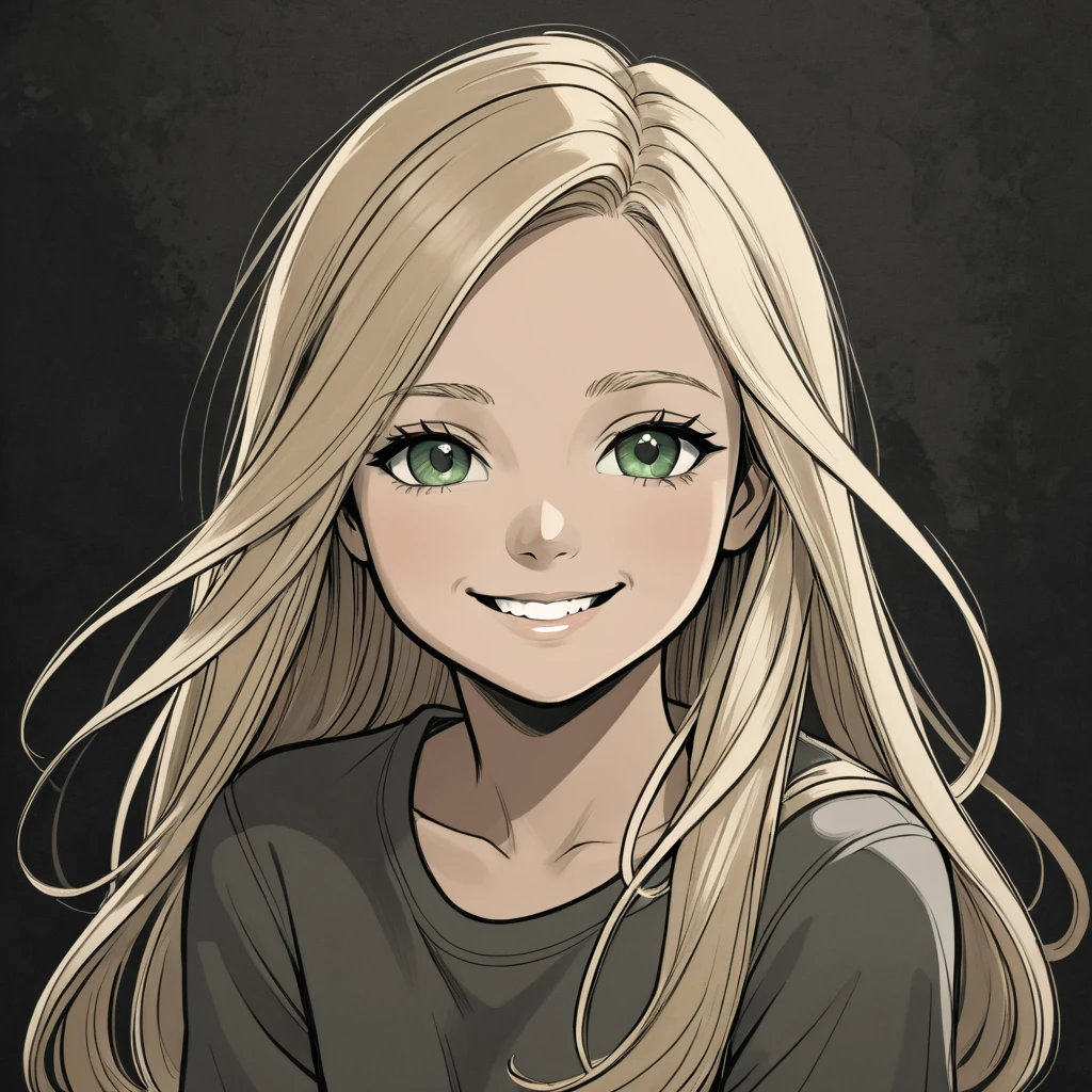  young girl ,  long blonde hair ,  green eyes, smile,  Masterpiece, alta calidad Masterpiece,  better quality, hires,  high resolution , Charcoal , White outline, bold outline,  dark background, Alone, monochrome :0.5,  kraft paper , 