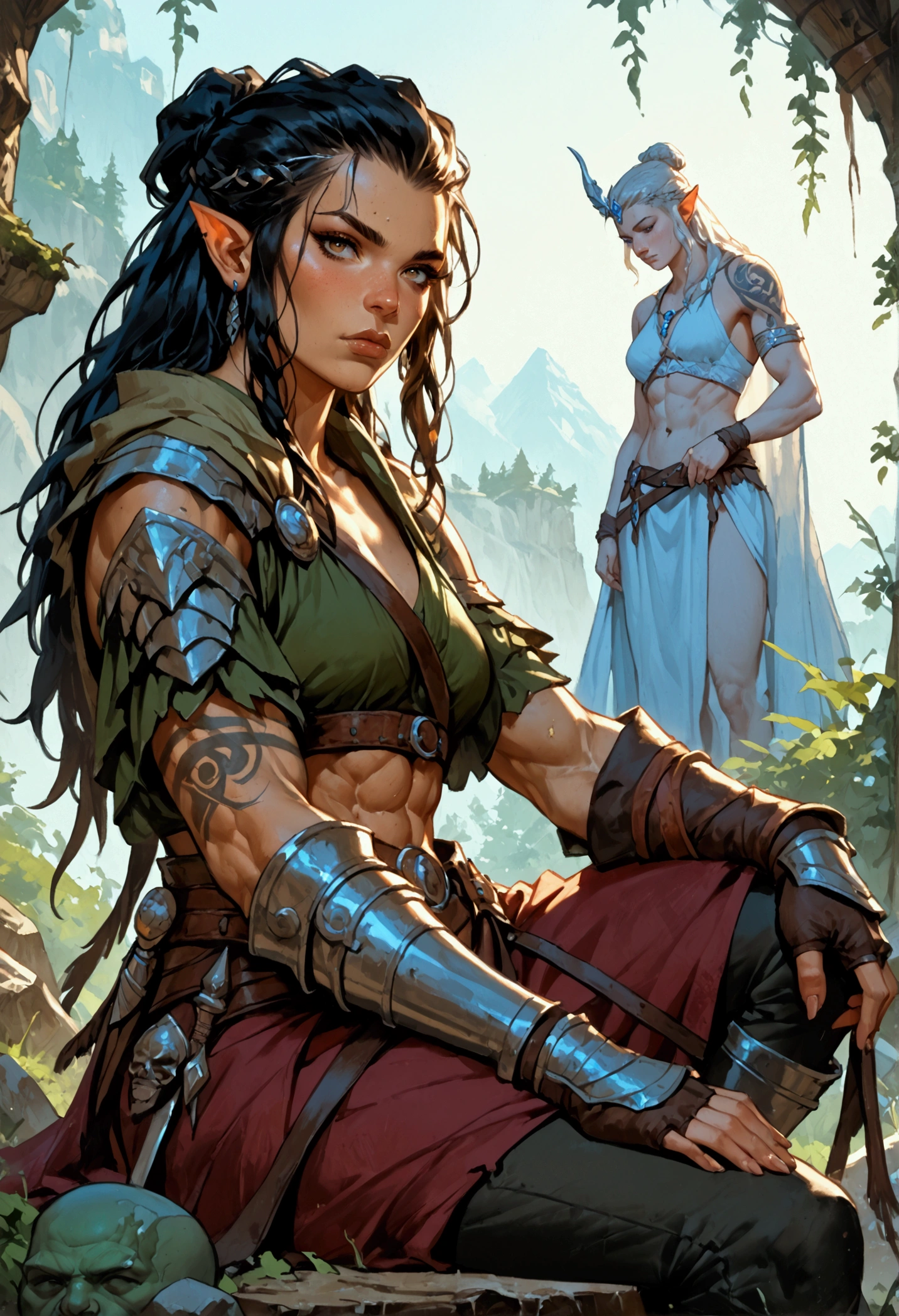 score_9, score_8_up, score_7_up, score_6_up, score_5_up, score_4_up, fantasy, 1girl, (orc female), warrior, beautiful orc relaxing in her tent, long black hair rough, wearing brutal orcish armor, epic flowing, fantasy forest background, it is dawn the sun rays reflect on the ice statue, muscular, abs, hip bones, ((high contrast: 1.5), [[anatomically correct]], high details, best quality, 8k, [ultra detailed], masterpiece, best quality, (extremely detailed), dynamic angle, brown robes, sitting sensually in her tent, looking up at viewer, belts