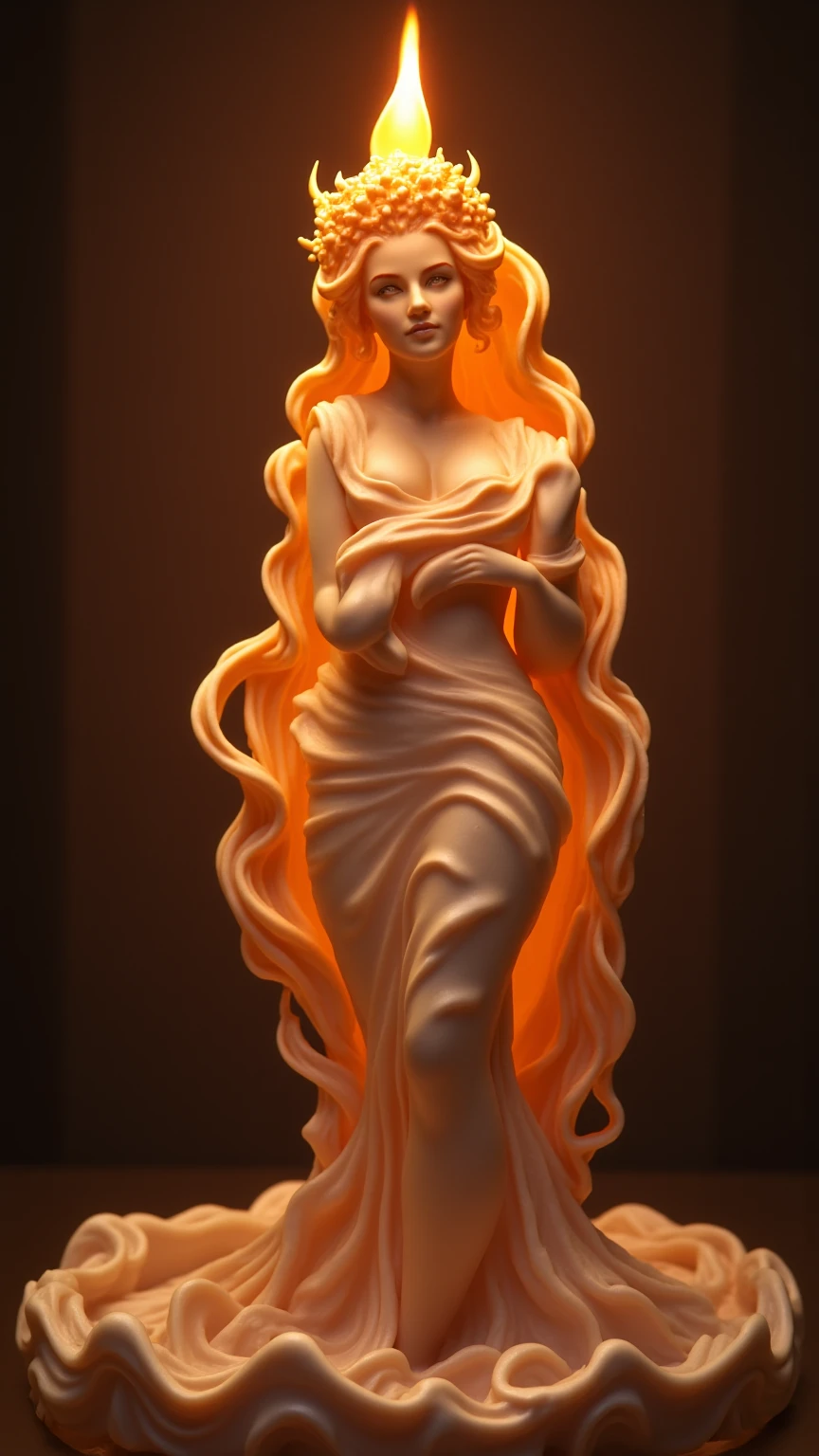 Imagine a single candle, exquisitely sculpted in the enchanting form of a curvaceous figure of a woman. Her silhouette is adorned with flowing curves and intricate folds that evoke the elegance of a gown. The wax possesses a soft, creamy texture, while the flame flickers gently at the crown of her head, resembling a radiant halo.

Delicate drips of melted wax cascade down her form, enhancing the lifelike detail as if she is awakening from a dream. The scene is bathed in her warm, flickering glow, casting playful shadows that dance around her, creating a serene and intimate ambiance. This magical moment captures the essence of beauty and transformation, inviting viewers into a world where art and fantasy intertwine.