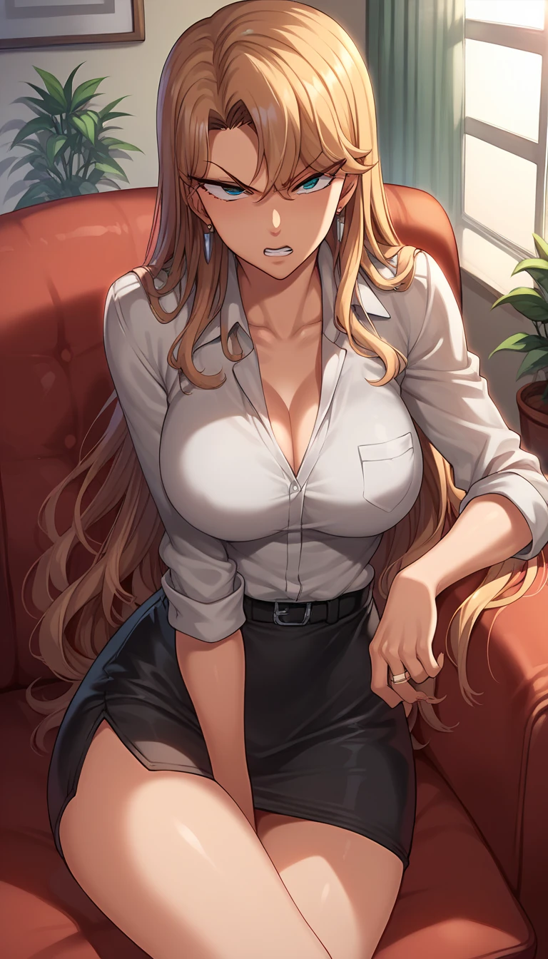 Reika Kurashiki \(Saimin Seishidou\), Reika Kurashiki from Saimin Seishidou, angry expression, siting on couch, in personal office, sunset lightning, wearing Reika Kurashiki default office clothes, extremely big breasts, extremely wide hips, extremely big ass,