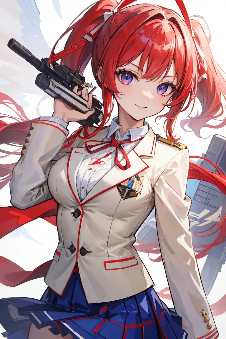 (masterpiece, Highest quality:1.2), highest quality, masterpiece, high resolution, Anime style, female, 1 girl, portraiture, vermilion hair, light red hair, twin tail, purple eyes, ((blue check skirt, blue bottoms, uniform, beige blazer, white shirt, red ribbon)), competitive, bullish smile, big breasts, (mechanical wing, mecha resemble wings, thrusters), having futuristic lifle, futuristic gun, laser lifle