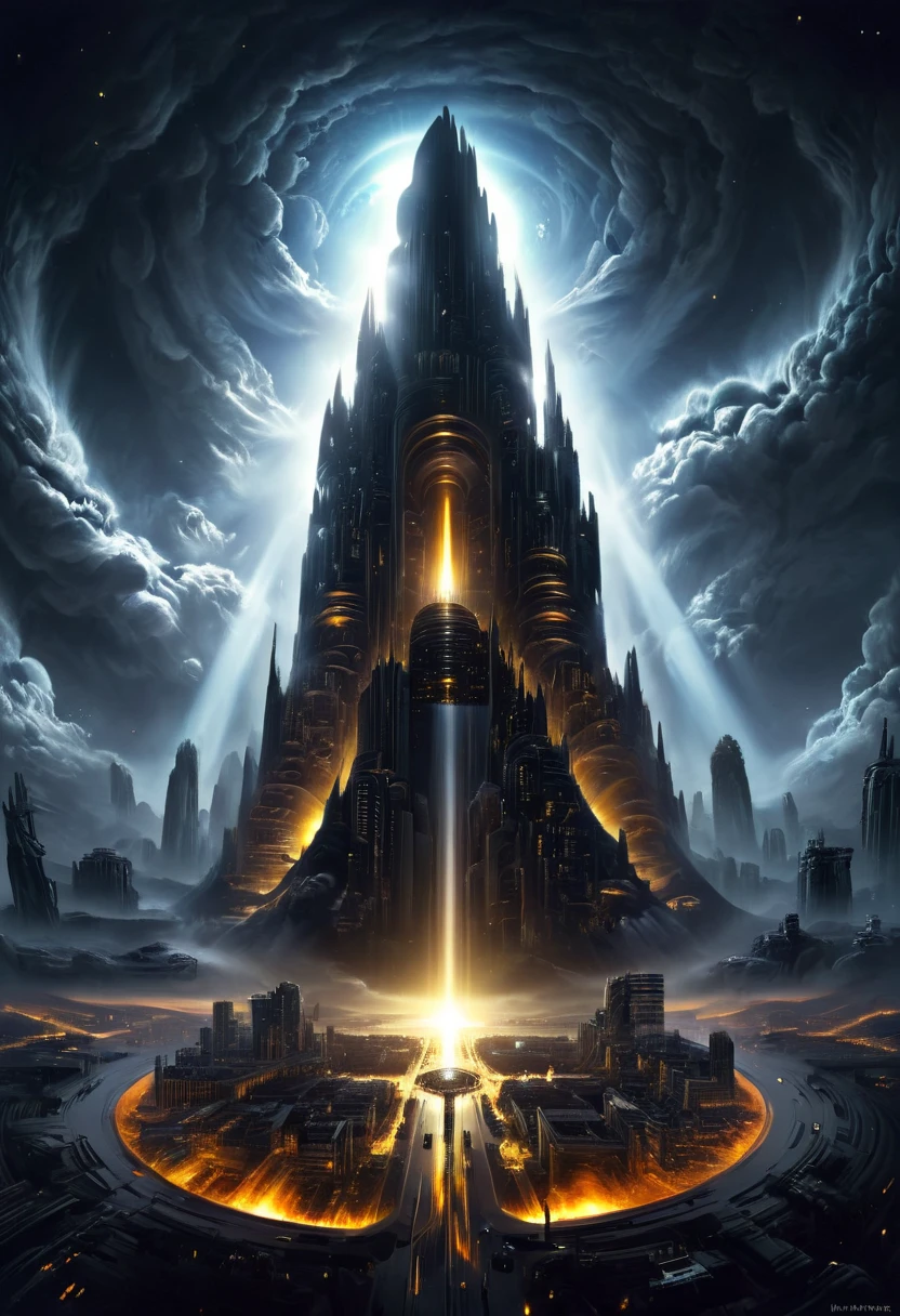 A planet of light, surrounded by bright suns; in the center of the planet stands a terrible, magnificent dark tower, an absolute black color; strong contrast of brightness and darkness; masterpiece