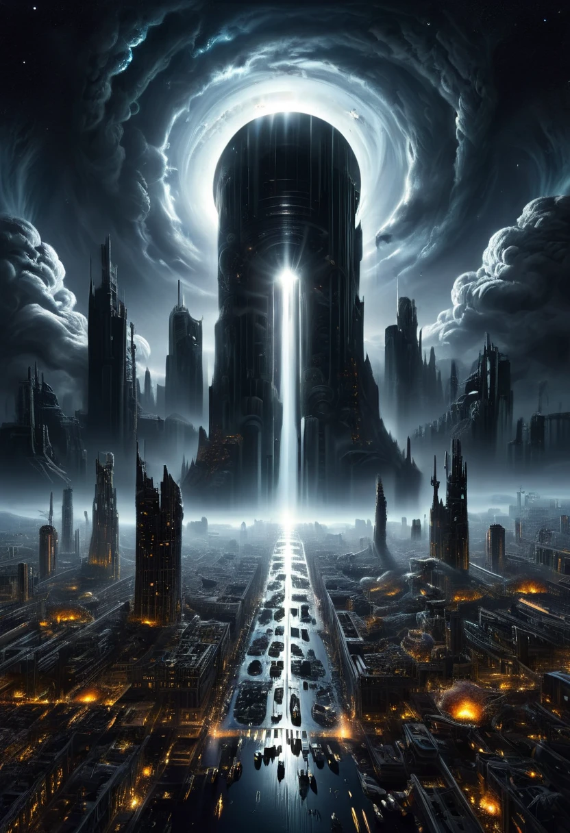 A planet of light, surrounded by bright suns; in the center of the planet stands a terrible, magnificent dark tower, an absolute black color; strong contrast of brightness and darkness; masterpiece