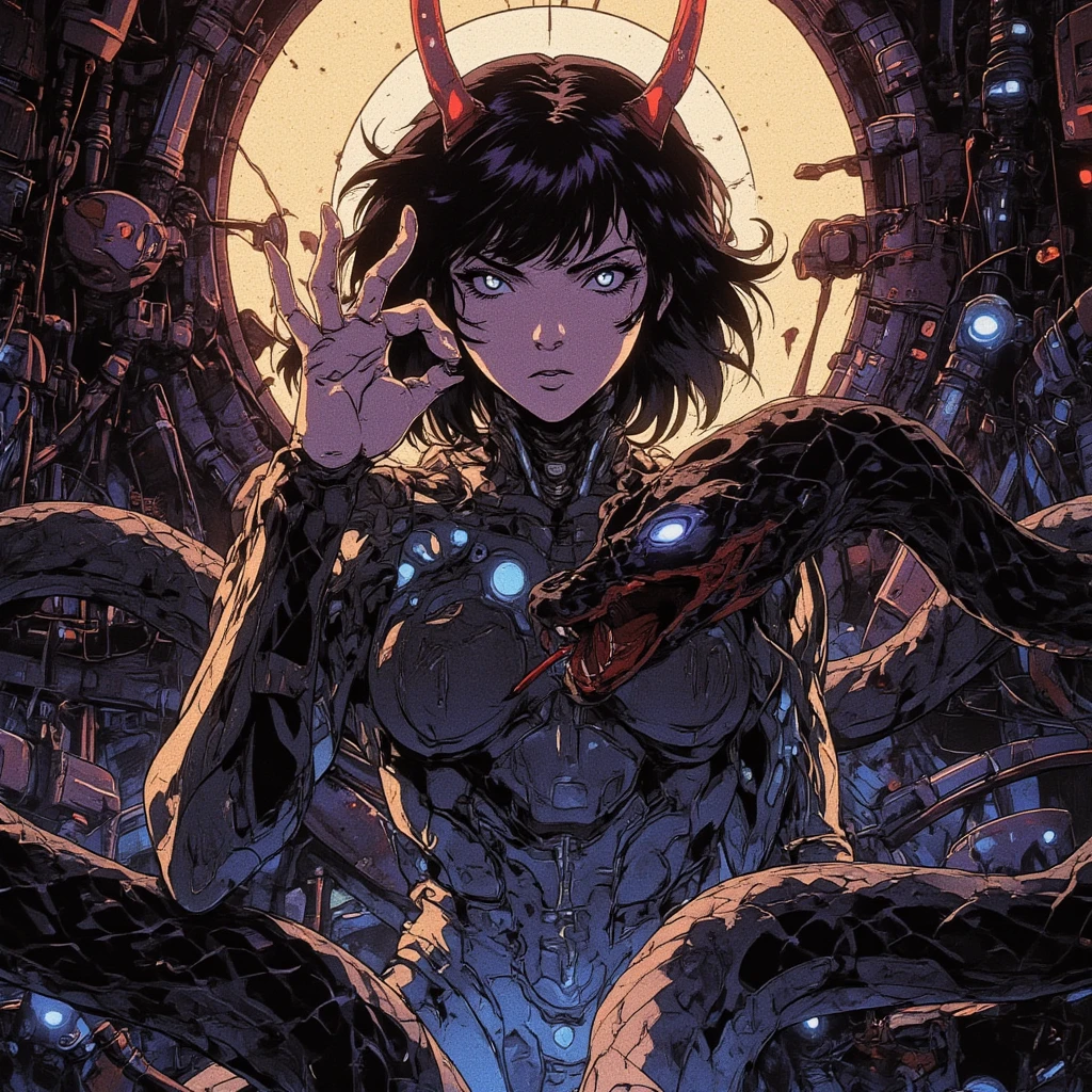 &quot;James Jean Simple&quot; Psychedelic Art，Chasing in space , devilish ;James Jean Simple&quot; Psychedelic Art，Mask ，Chasing in space , anime, anime, anime art, anime, anime comics, anime, anime art, anime, anime, anime, anime, anime, best anime 4k konachan wallpaper, Digital Cyberpunk - Anime Art, digital cyberpunk anime art, cyberpunk anime, anime cyberpunk art, cyberpunk anime art, anime cyberpunk, digital cyberpunk anime!!, metal gear solid anime cyberpunk, male police , leather there is a man that is sitting on a table with a laptop, ghost in the shell art style, ghost in the shell style, cyberpunk anime art, ghost in the shell color scheme, ghost in the shell, ghost-in-the-shell, metal gear solid anime cyberpunk, digital cyberpunk anime art, in the anime ghost in the shell, gits anime there is a man that is sitting on a table with a laptop, ghost in the shell art style, ghost in the shell style, cyberpunk anime art, ghost in the shell color scheme, ghost in the shell, ghost-in-the-shell, metal gear solid anime cyberpunk, digital cyberpunk anime art, in the anime ghost in the shell, gits anime gloves, solo, , blood red , black gloves, very short hair, elbow gloves, bangs,, , short hair, , looking at viewer with devilish stare ,blue eyes , The image depicts a futuristic, ethereal figure with a dark ominous atmosphere , a cute woman dark angel in veils , dark surface and adorned with ornate, dark nightmares . A glowing halo crowns over head. The strong hand is raised, forming an "OK" gesture, which is often interpreted as a sign of approval or completeness. The overall aesthetic is surreal and otherworldly, blending fantasy with high-tech motifs. ■ there is a black snake with red teeth and a red tongue, snake , snake , snake fangs, by Andrei Kolkoutine, big snakes heads with open mouth, snake head, serpent, snake art, portrait of a sacred serpent, snake, snake body, screaming. not realistic, maxim sukharev, by Ramón Silva, venom fangs