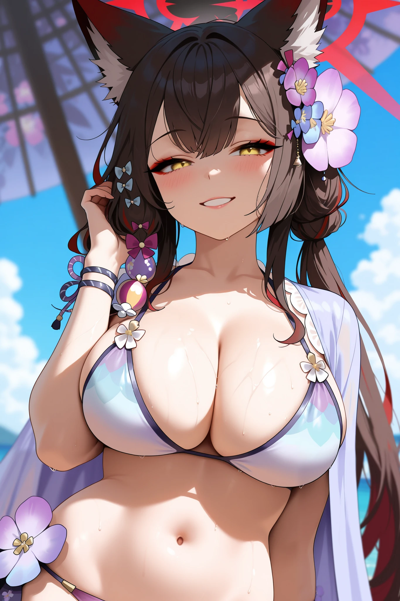 masterpiece,best quality,amazing quality,wakamo \(blue archive\), wakamo \(swimsuit\) \(blue archive\), 1girl, animal ears, bikini, blue flower, blush, bow, breasts, brown hair, cleavage, eyeshadow, flower, fox ears, fox girl, gradient hair, grin, hair between eyes, hair bow, hair flower, hair ornament, half-closed eyes, halo, hand up, large breasts, long hair, looking at viewer, makeup, multicolored hair, purple flower, red eyeshadow, red hair, red halo, skindentation, smile, solo, streaked hair, swimsuit, twintails, two-tone hair, upper body, very long hair, wet, yellow eyes