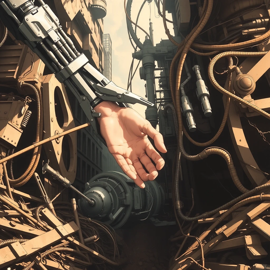 analogy of 'The Creation of Adam' giant robot mechanic arm  touching human  hand from metal debris  crash  